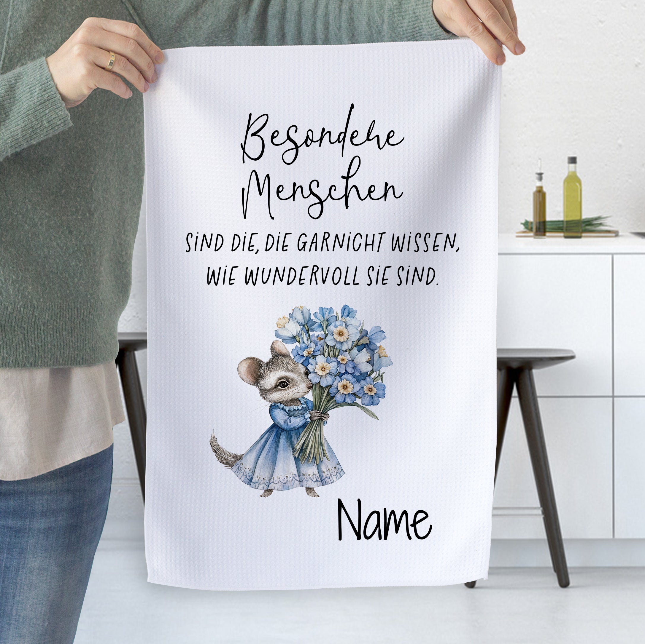 Geschirrtuch mit Maus und Blumen mit Spruch