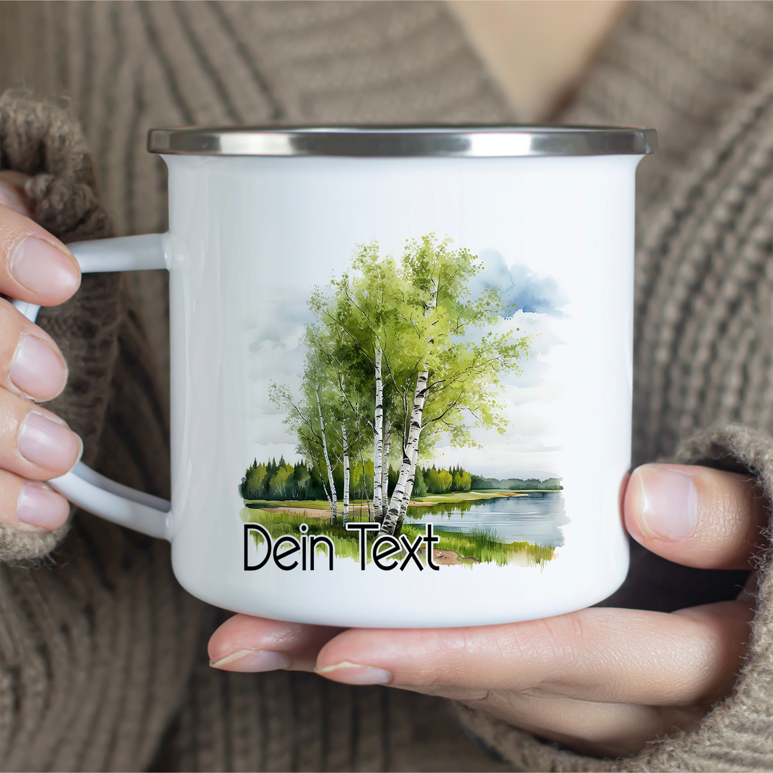 Emaille Becher mit Birkenmotiv