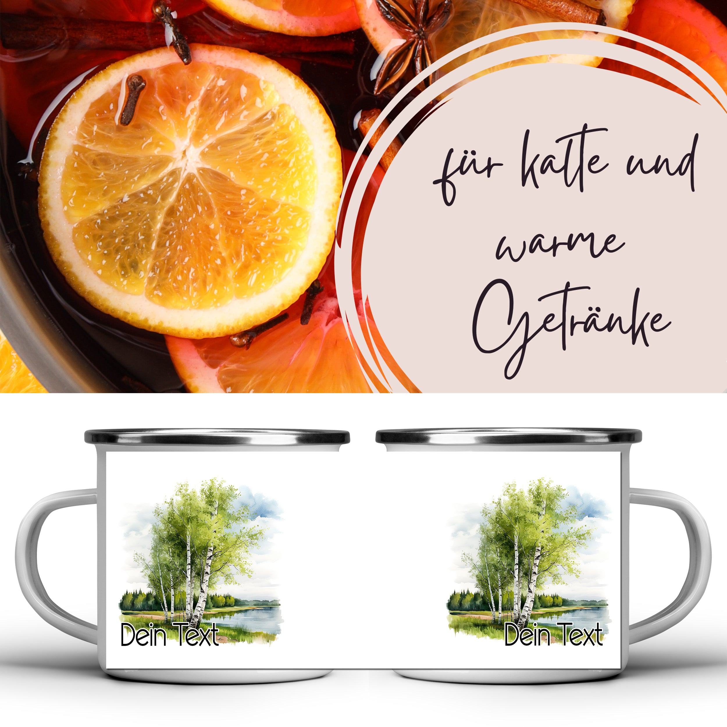 Emaille Becher mit Birkenmotiv