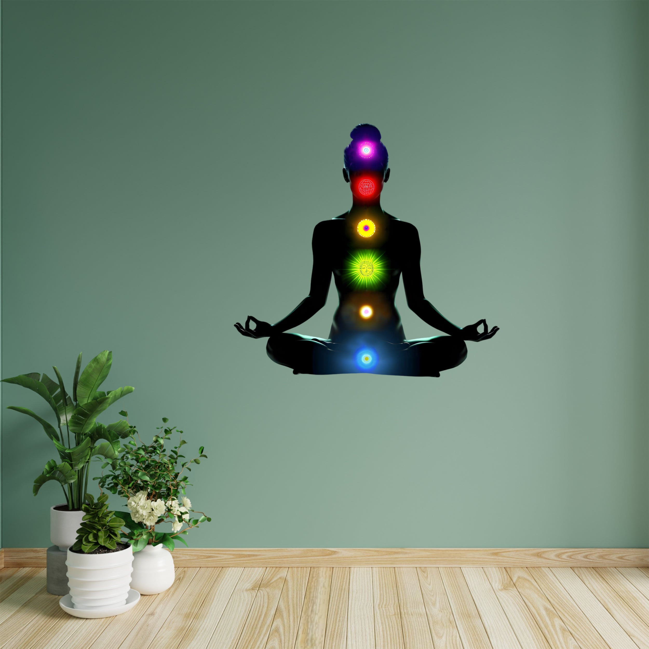 Wandtattoo Buddha mit Chakra-Leuchten