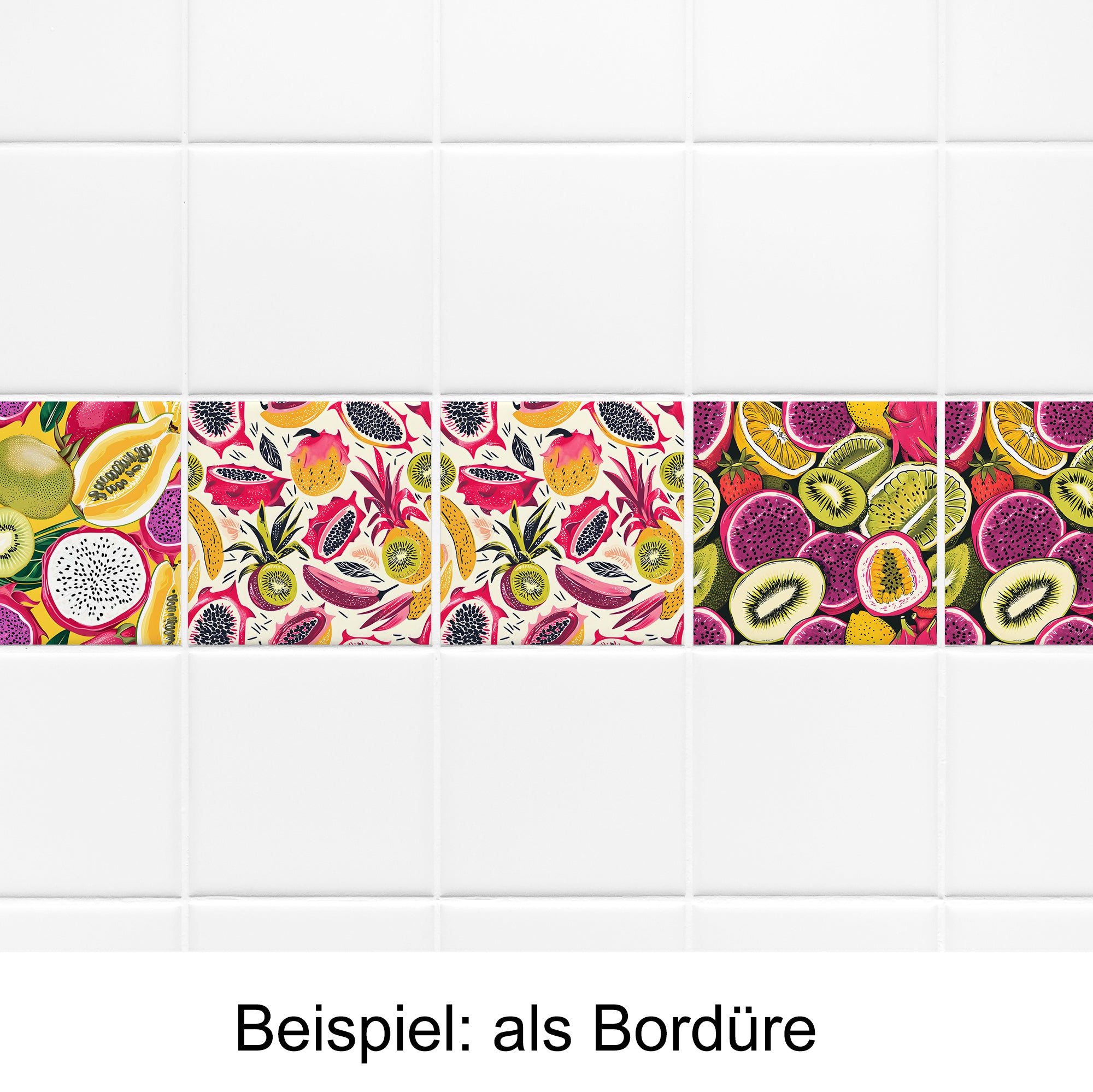Bunte Fliesenbordüre mit Obstmotiven in Pink und Grün.