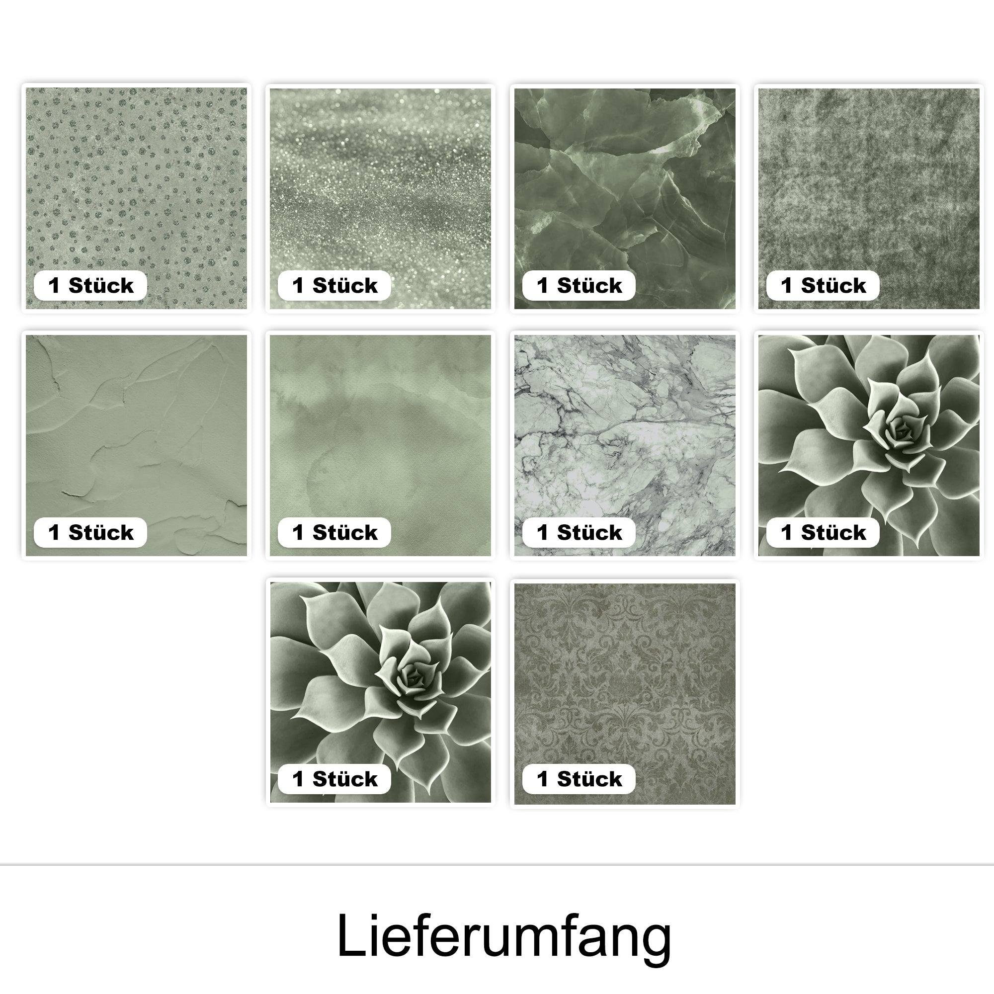 Grüne Texturen in verschiedenen Mustern und Oberflächen.