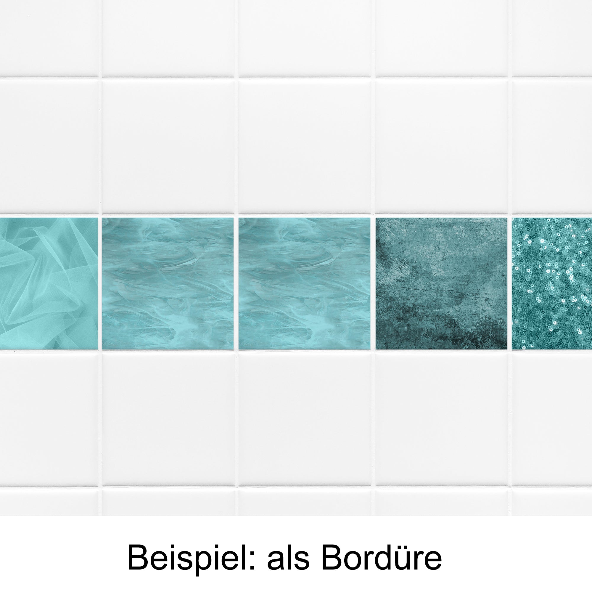Türkise Fliesenbordüre mit verschiedenen Texturen und Mustern.