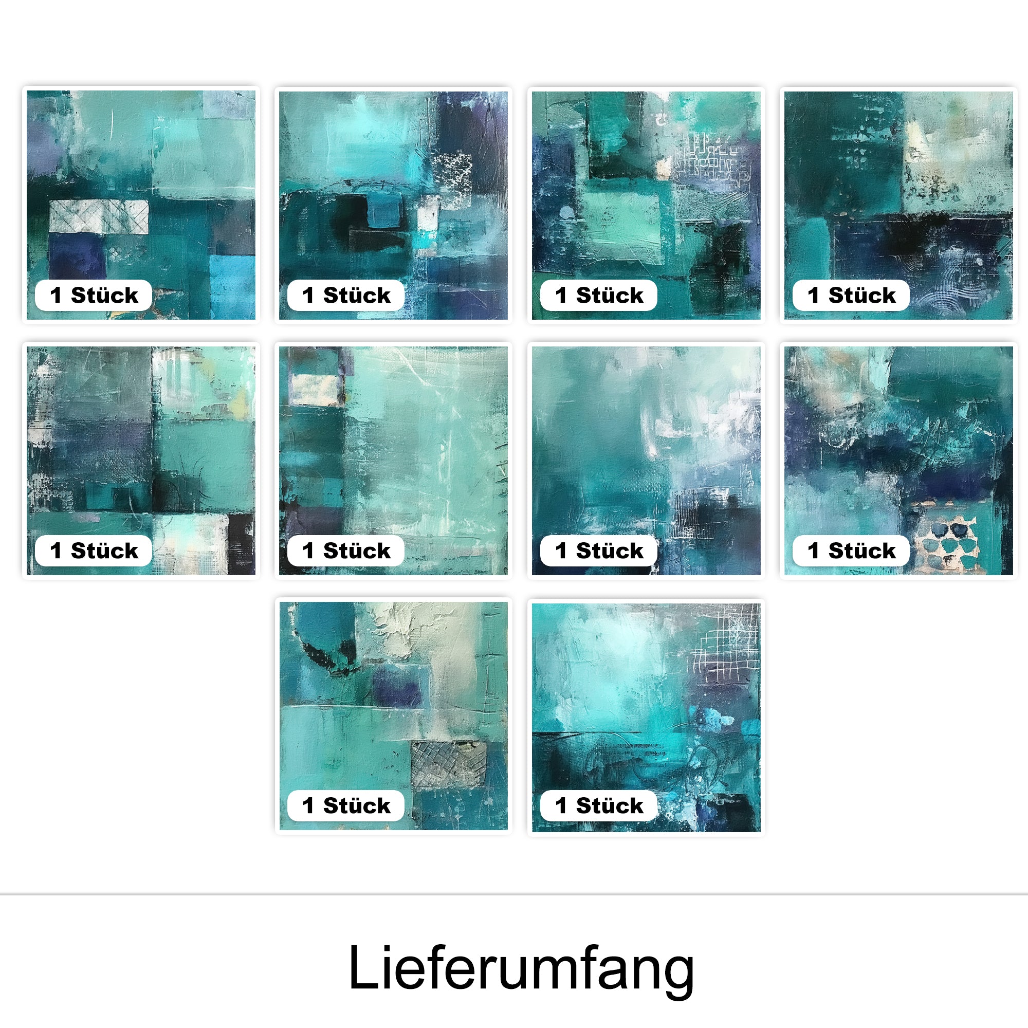 Zehn abstrakte Kunstwerke in Blau- und Grüntönen.