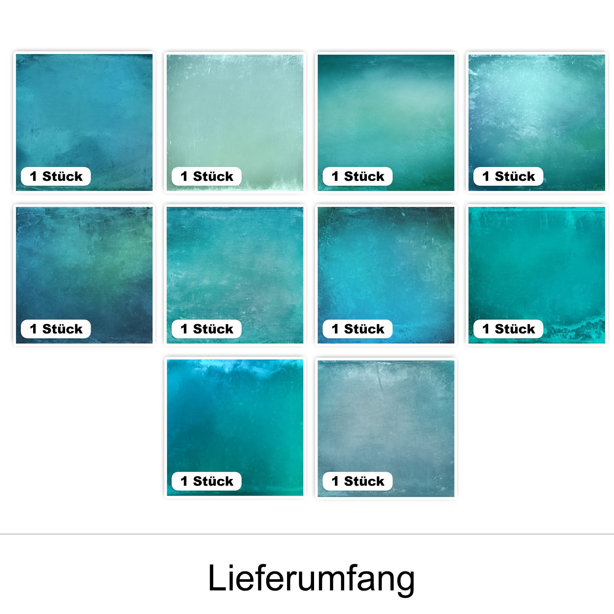 Zehn verschiedene aquatische Farbvariationen in Blau- und Grüntönen.