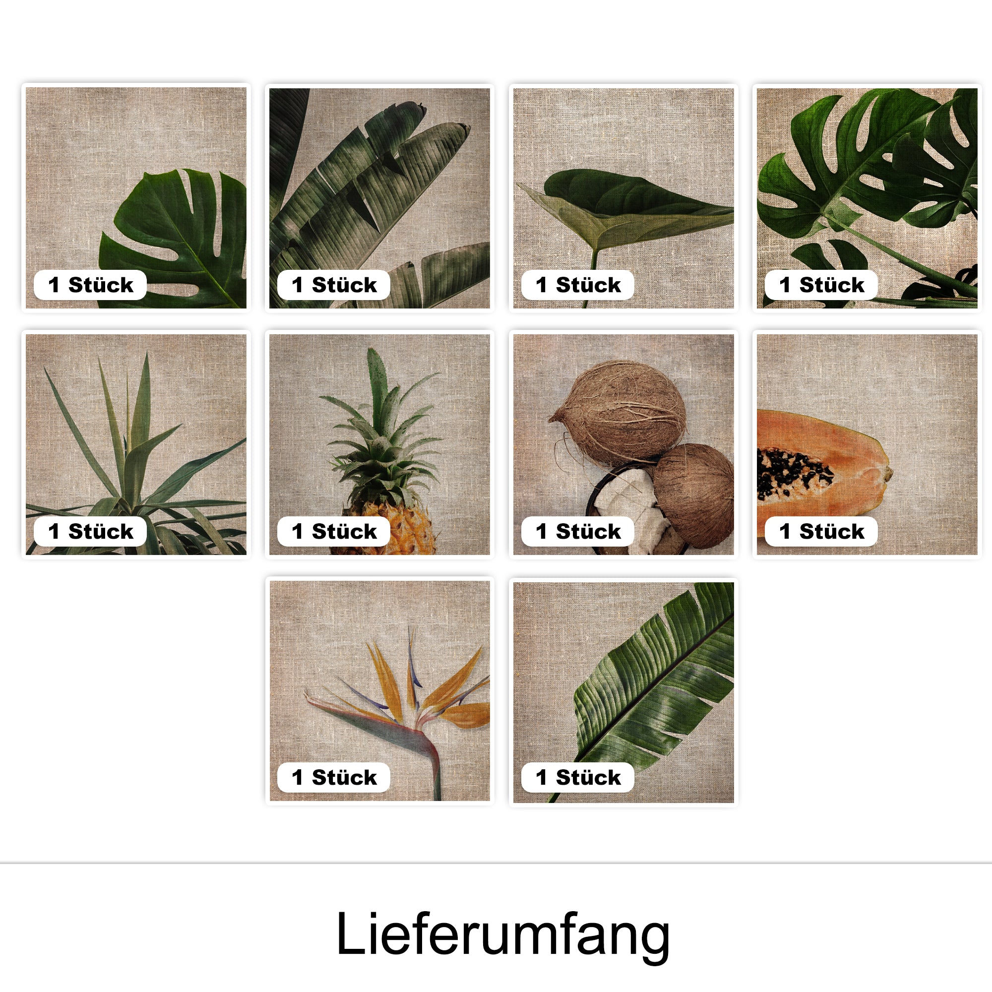 Tropische Pflanzen und Früchte auf leinenfarbigem Hintergrund.