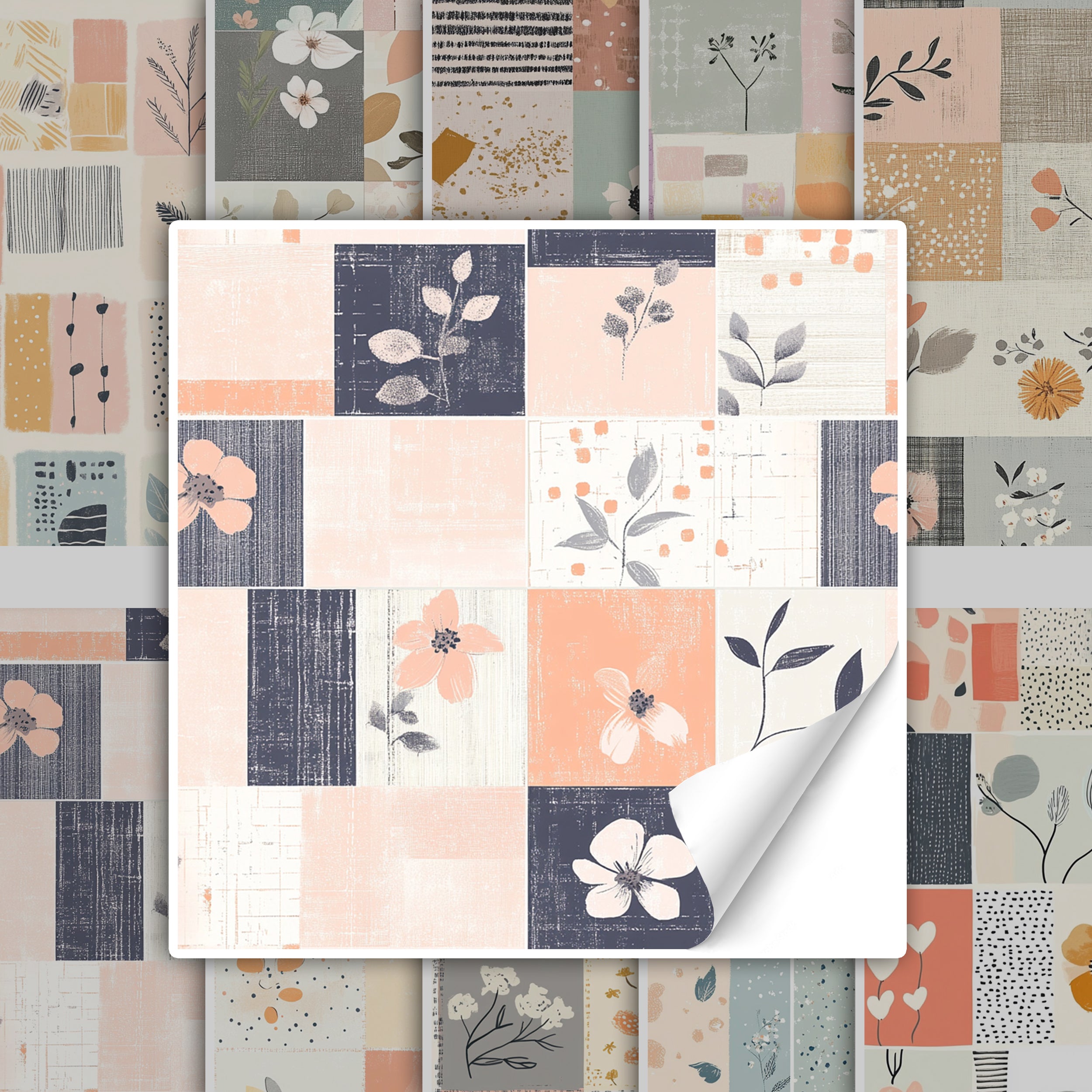 Musterstoff in Pastellfarben mit floralen Motiven.