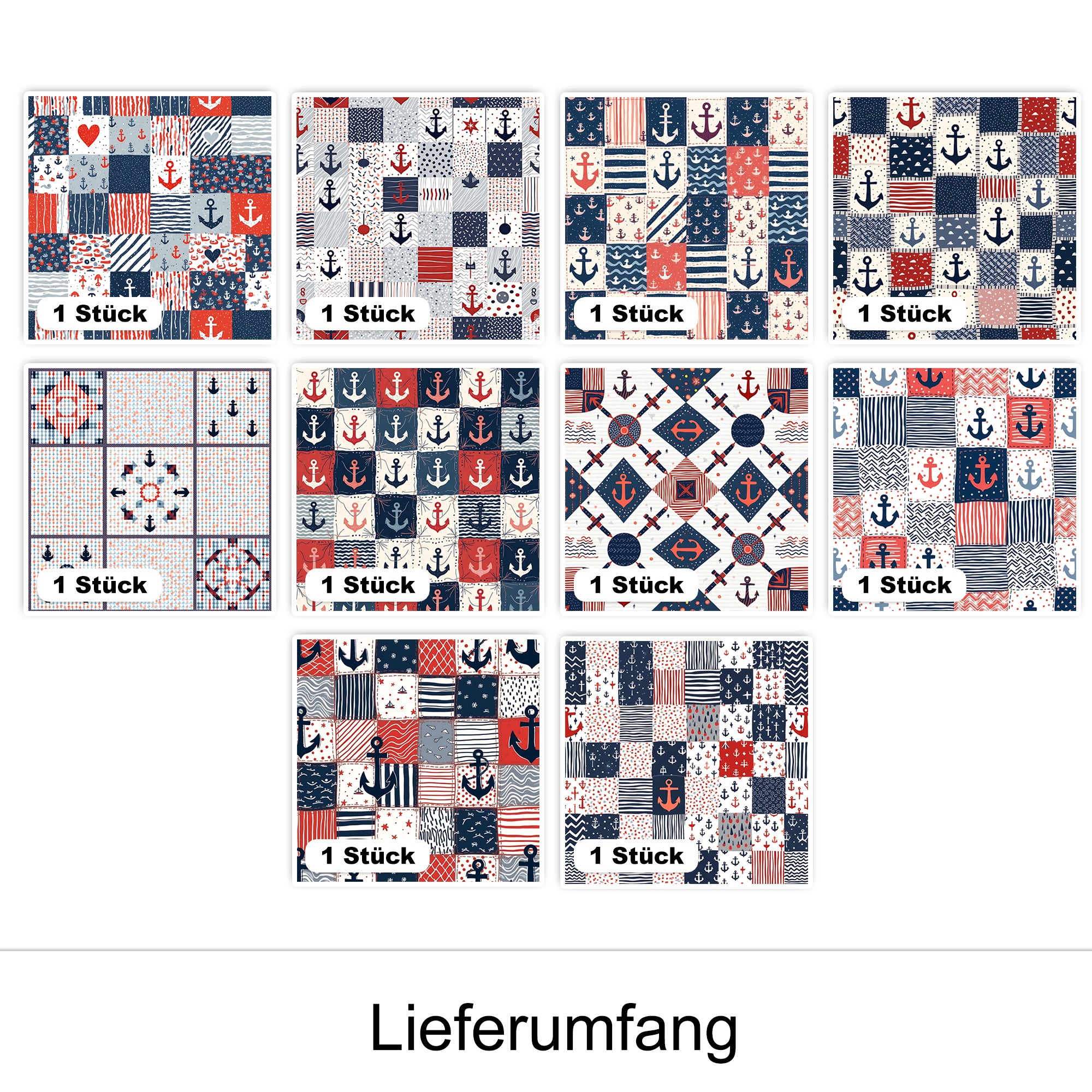 Neun marinefarbene Stoffmuster mit Ankern und geometrischen Formen.