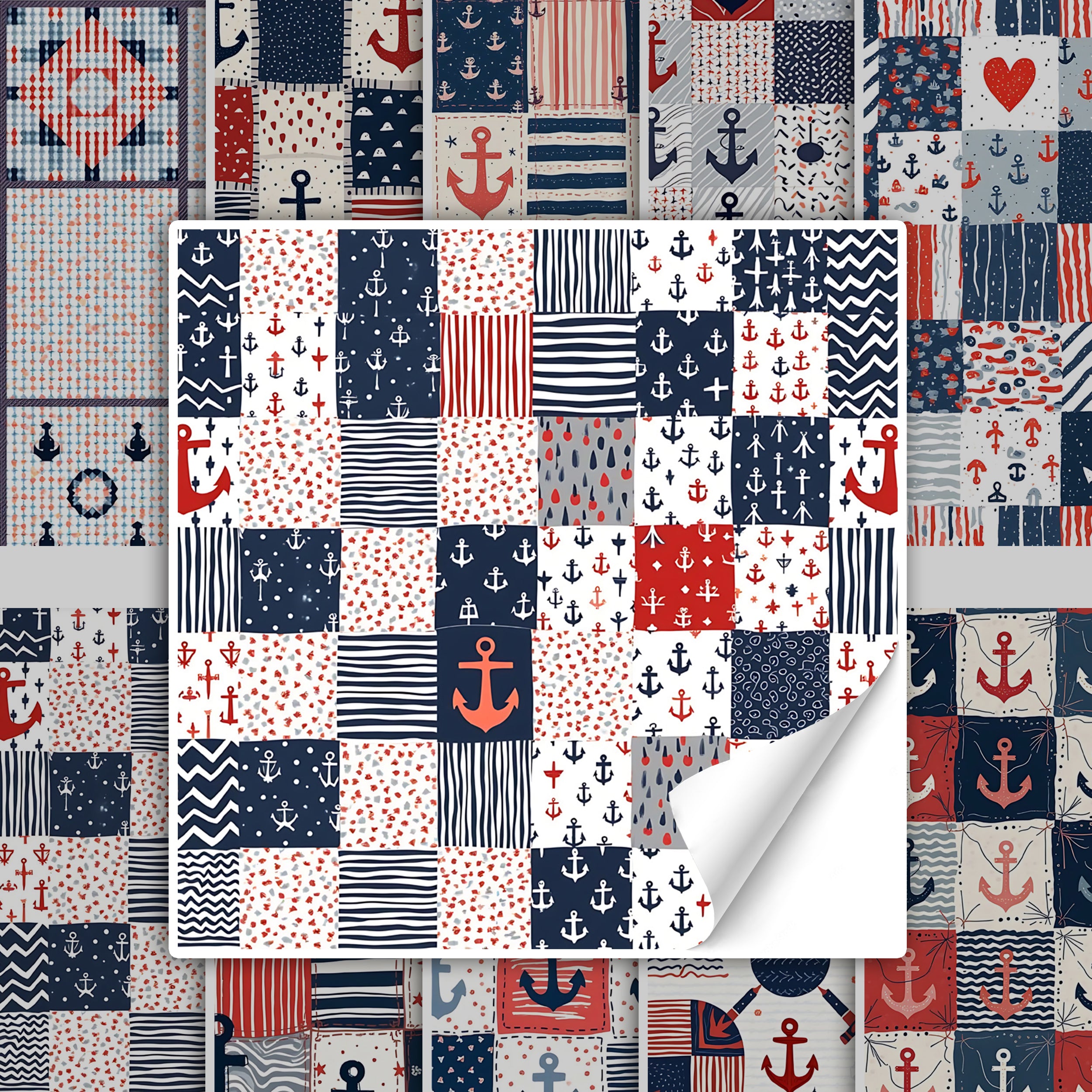 Patchwork-Stoff in Blau, Rot und Weiß mit Anker-Motiven.