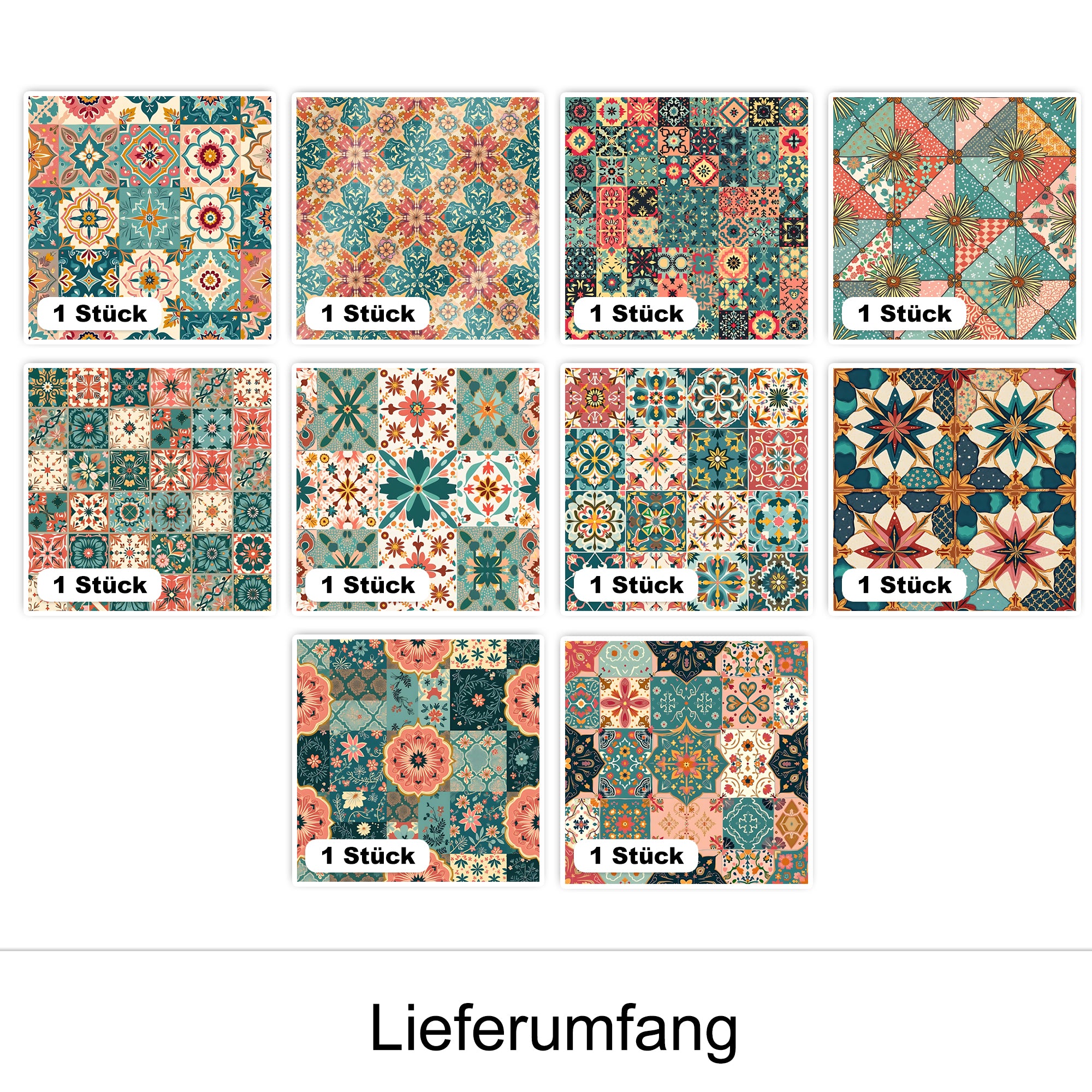 Bunte Stoffmuster in Rot, Blau und Grün, 10 Stück.