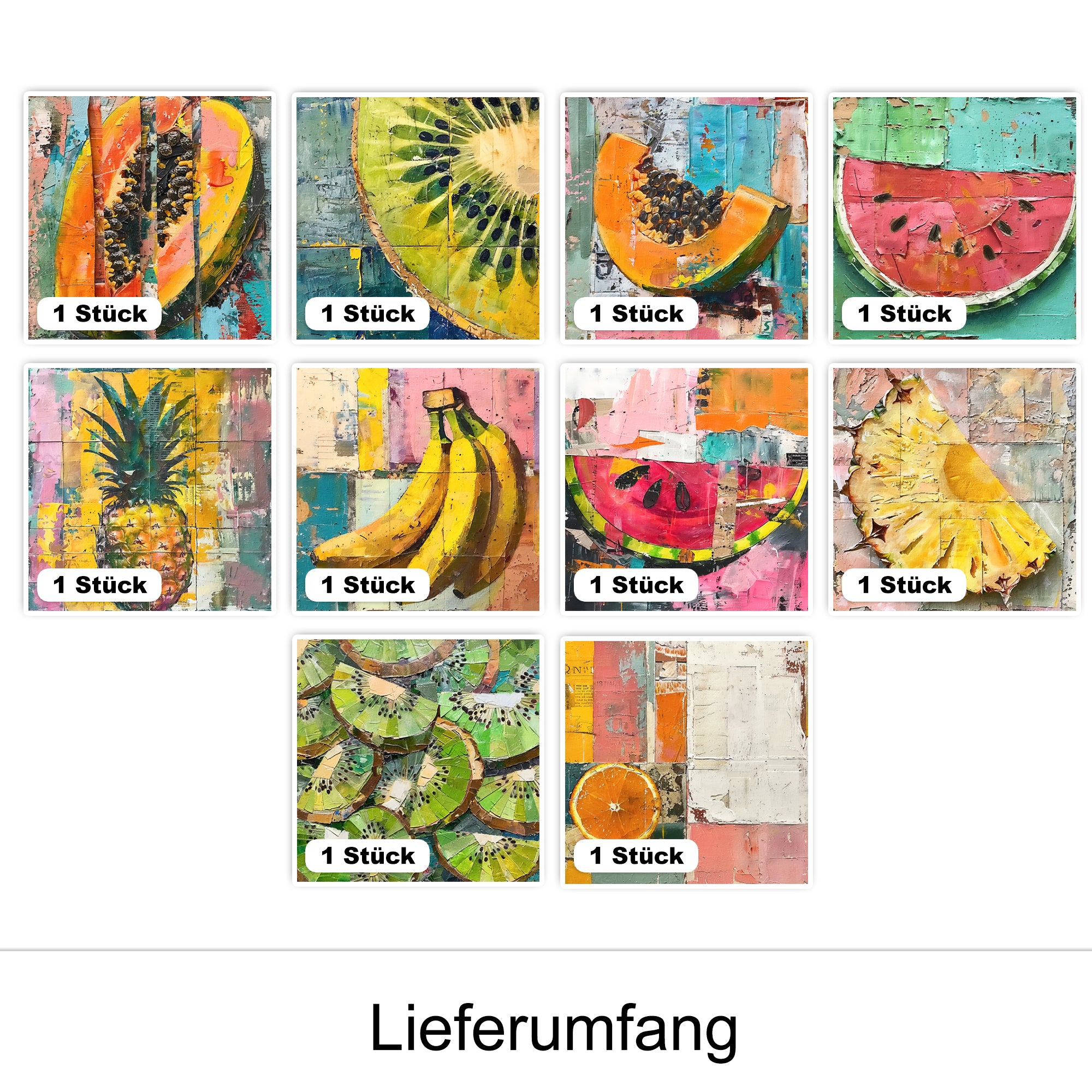Bunte Fruchtillustrationen: Papaya, Kiwi, Wassermelone, Ananas, Banane.
