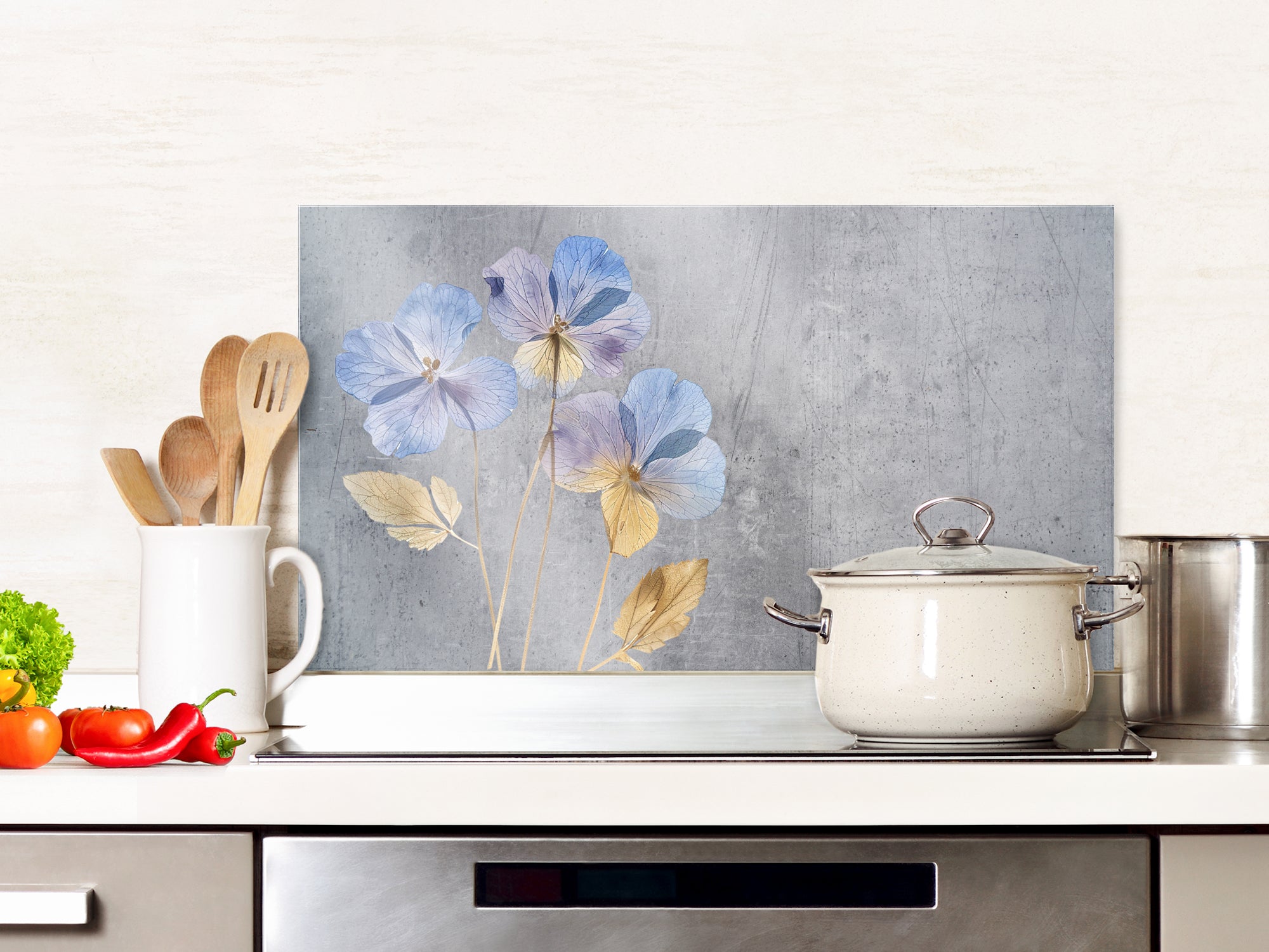 Spritzschutz Glas mit blauen Blumen