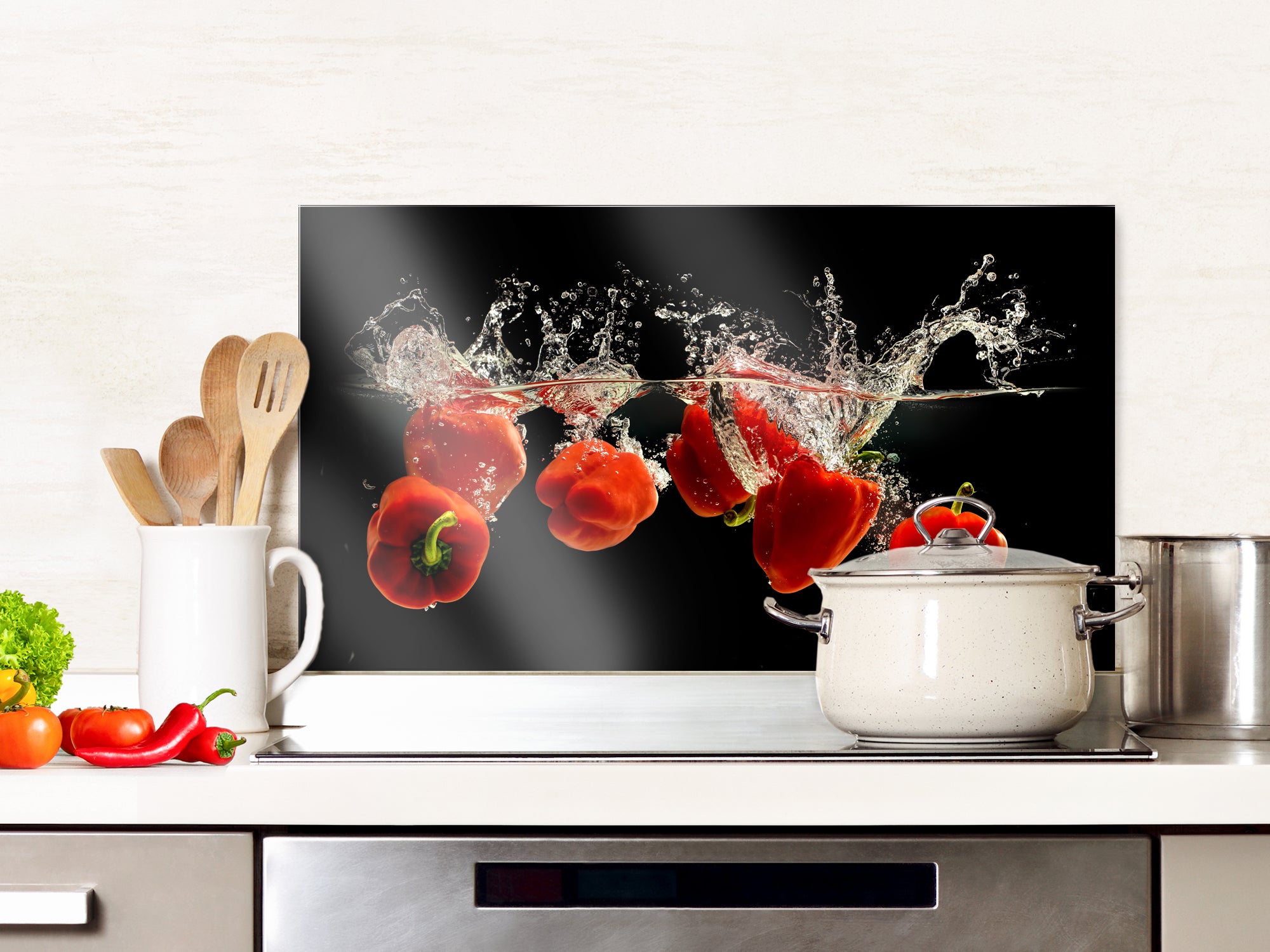 Spritzschutz Glas Schwarz mit Paprika