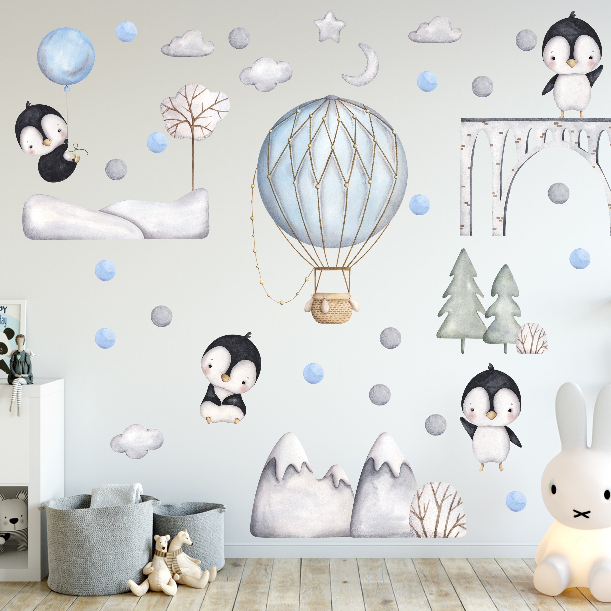 Wandtattoo Kinderzimmer Pinguine & Heißluftballon