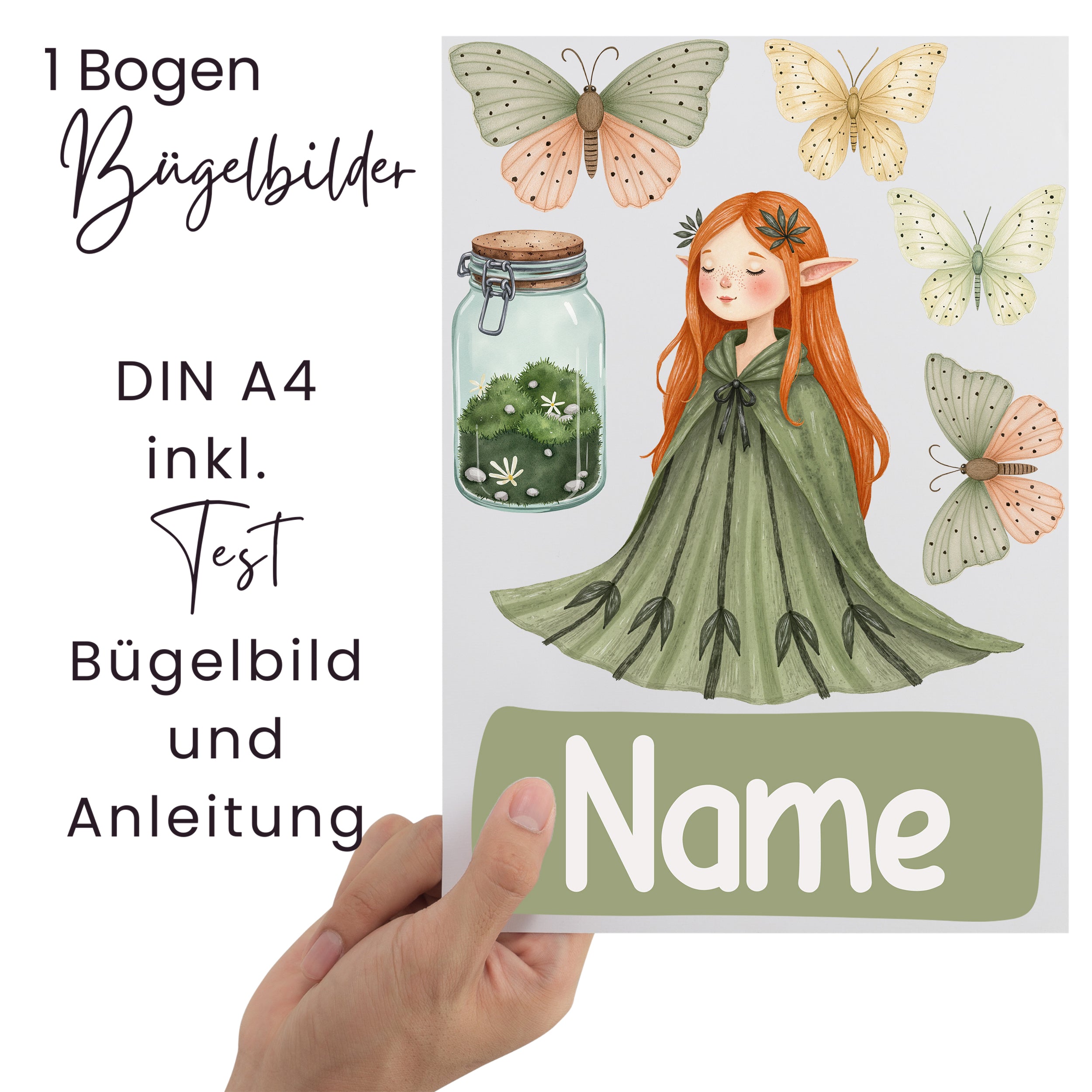 Bügelbilder Bogen DIN A4 mit Elfe und Schmetterlingen.