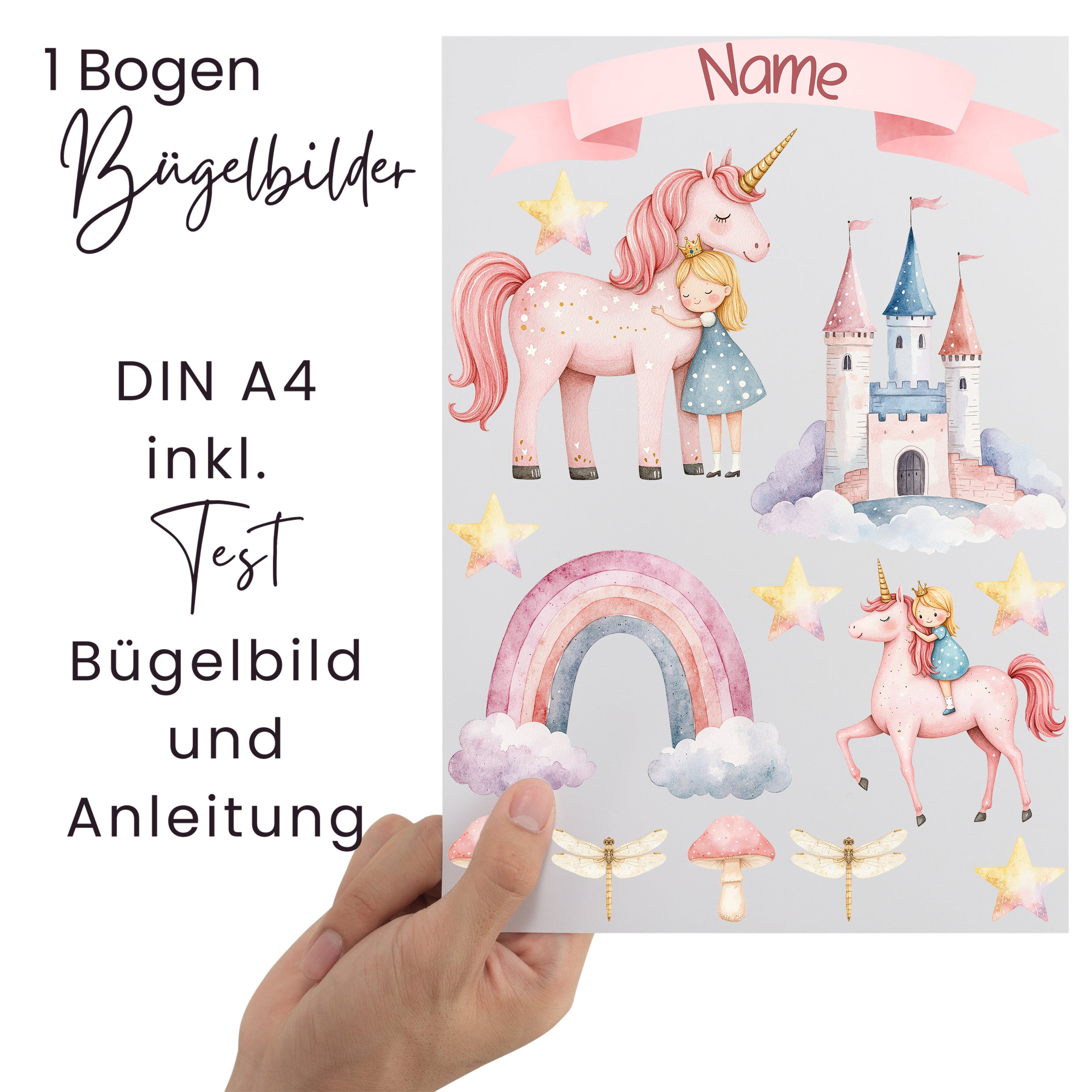 Bügelbilder Bogen A4 mit Einhorn, Schloss und Regenbogen.