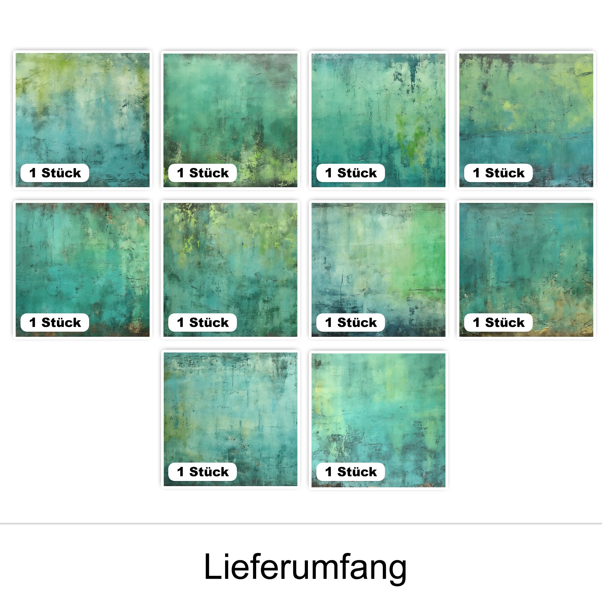 Grüne abstrakte Wandbilder in verschiedenen Farbtönen.