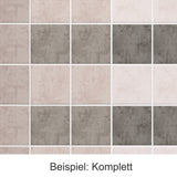 Fliesenmuster in sanften Rosa- und Grautönen.