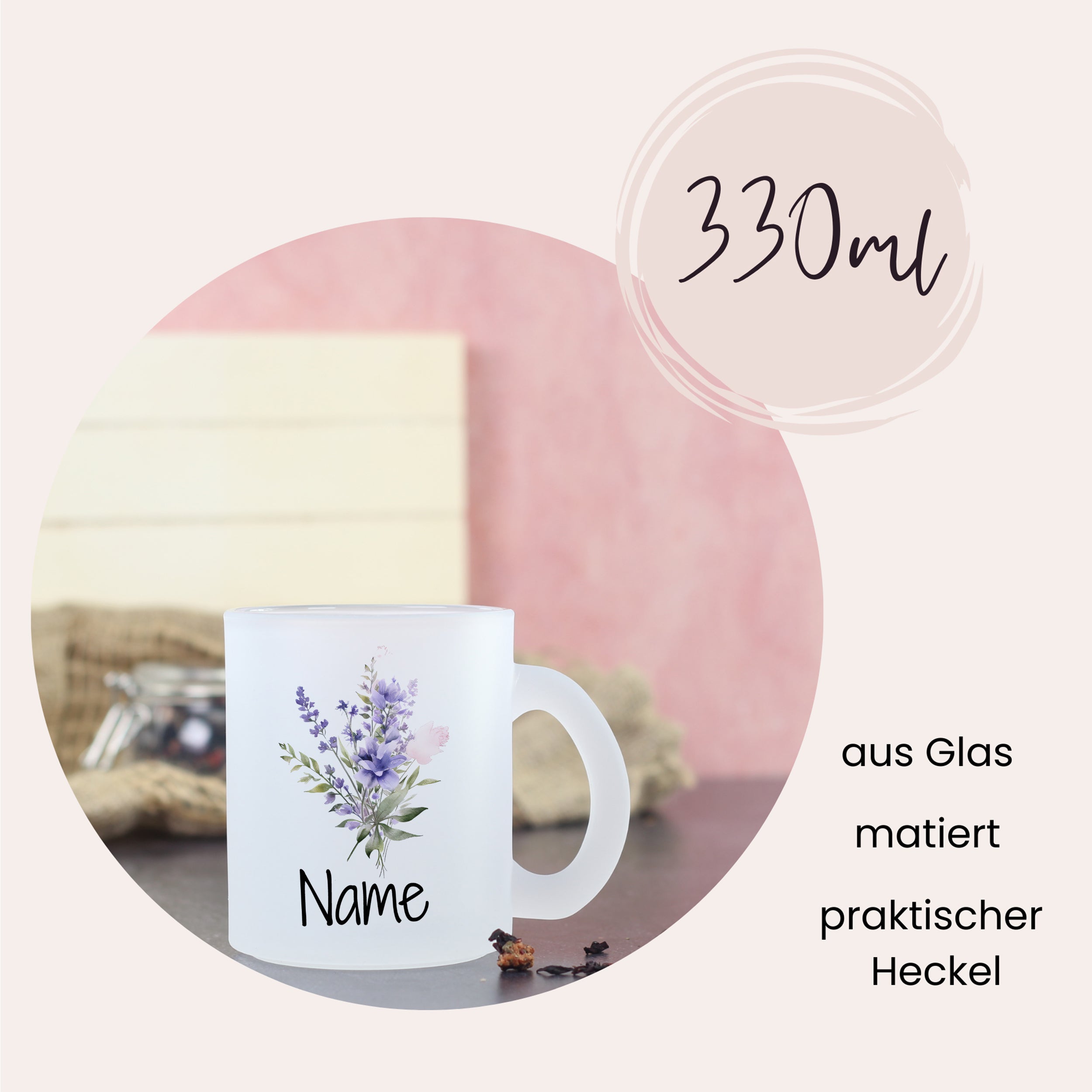 Glastasse mit Blumenmotiv
