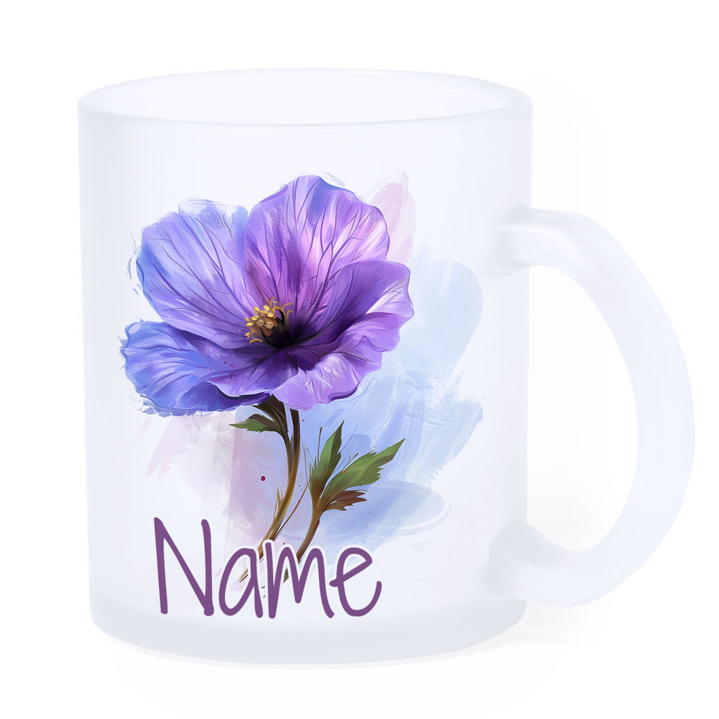 Glastasse mit lila Blume