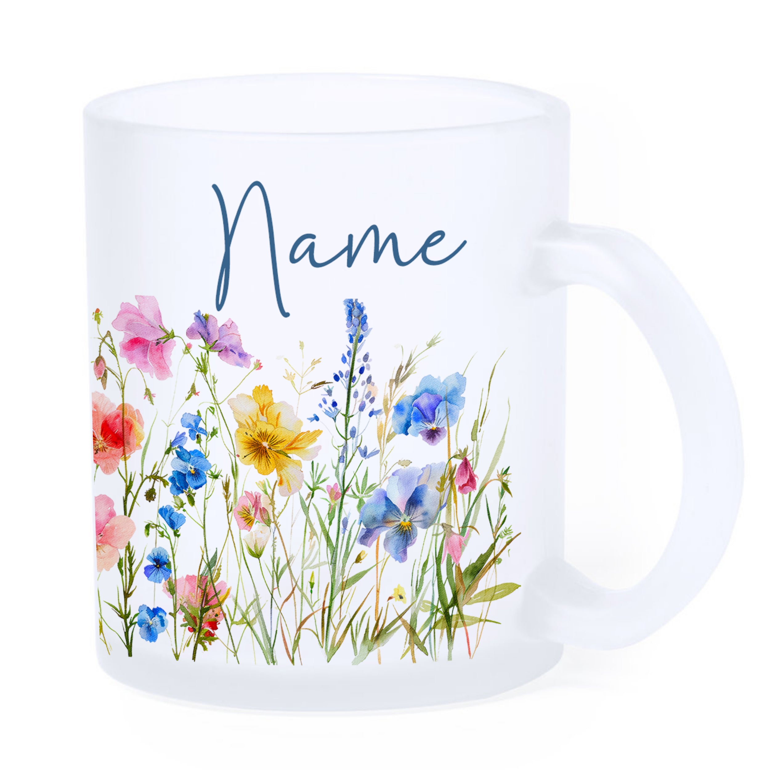 Glastasse mit bunten Blumen