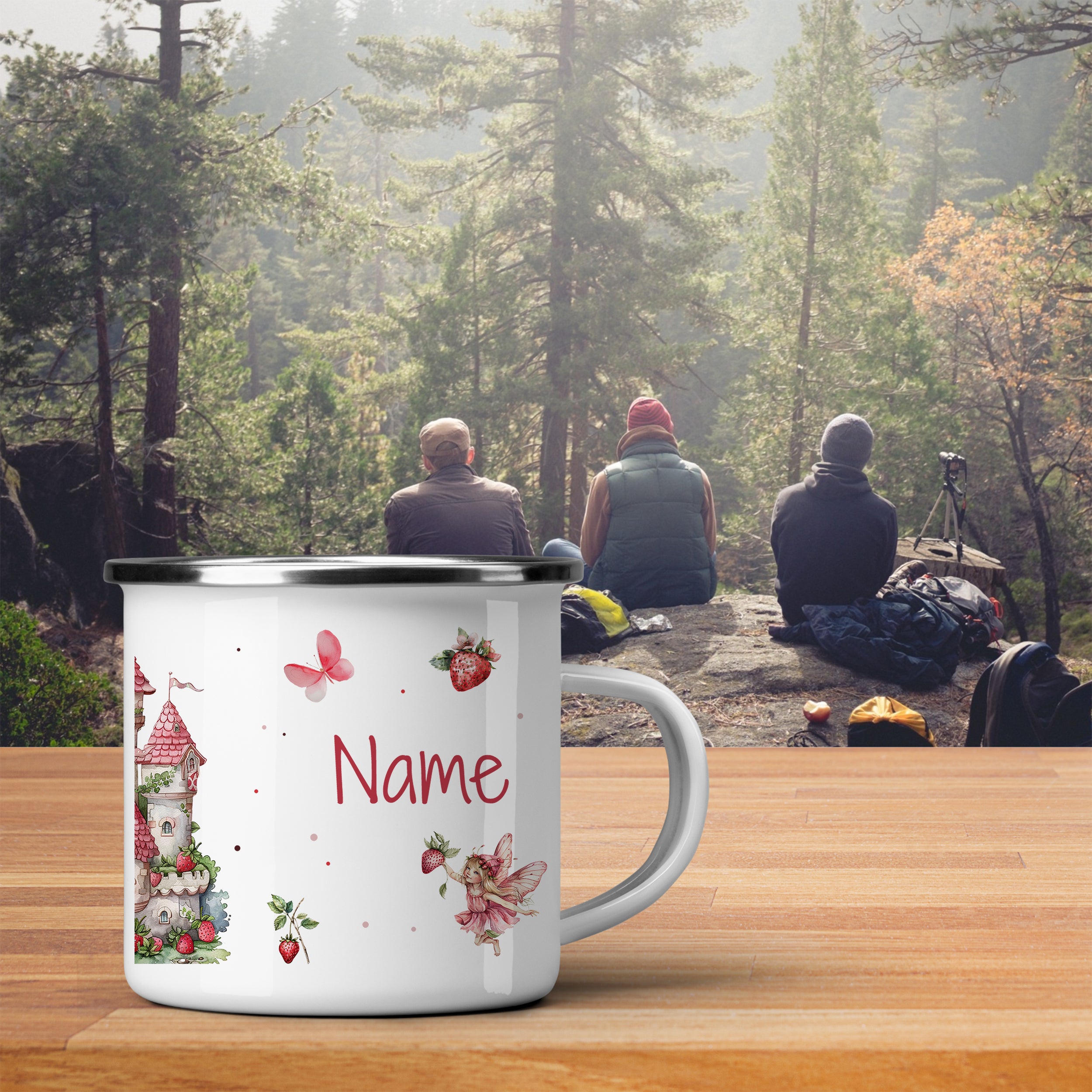 Emaille Tasse mit Märchenschloss und Feen