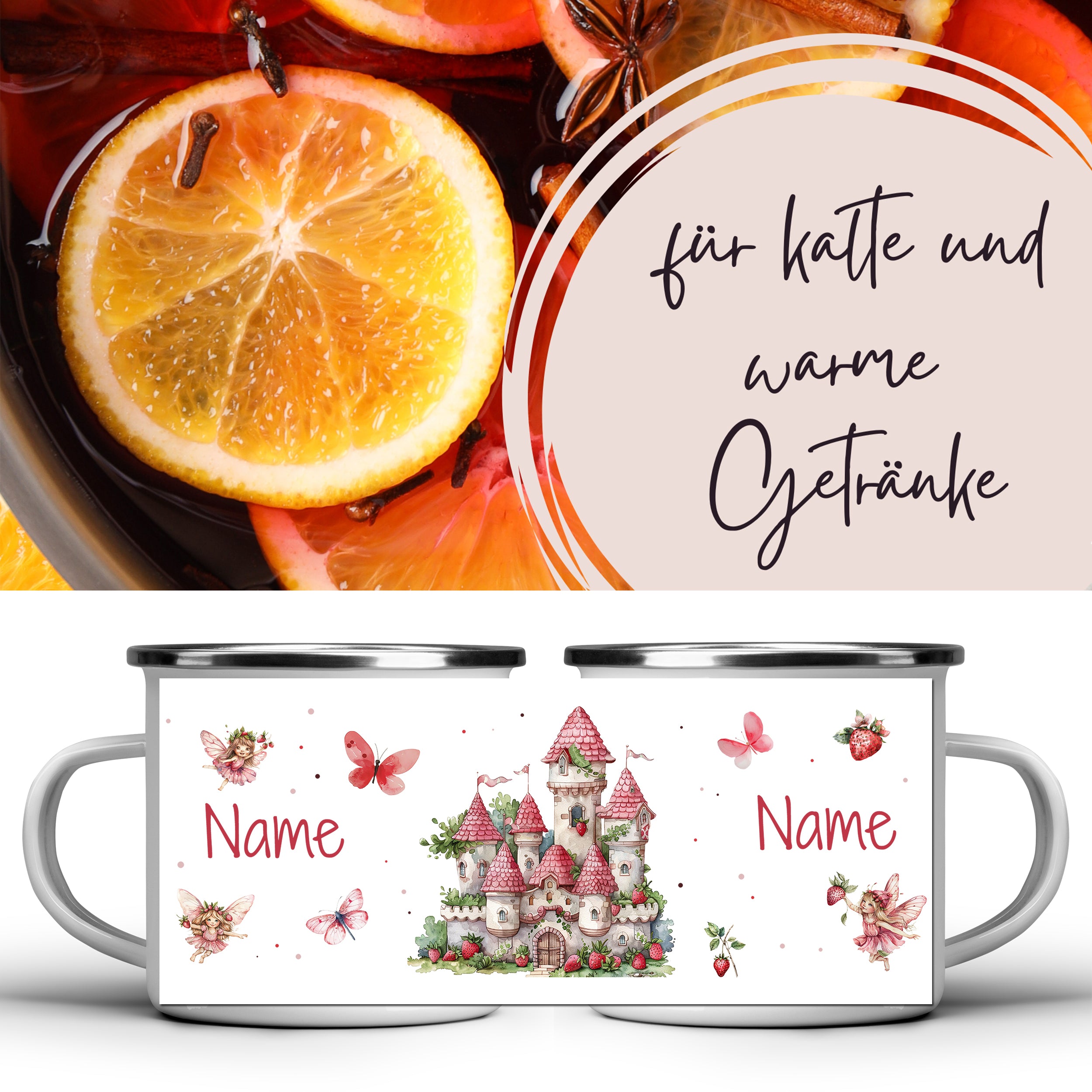 Emaille Tasse mit Märchenschloss und Feen