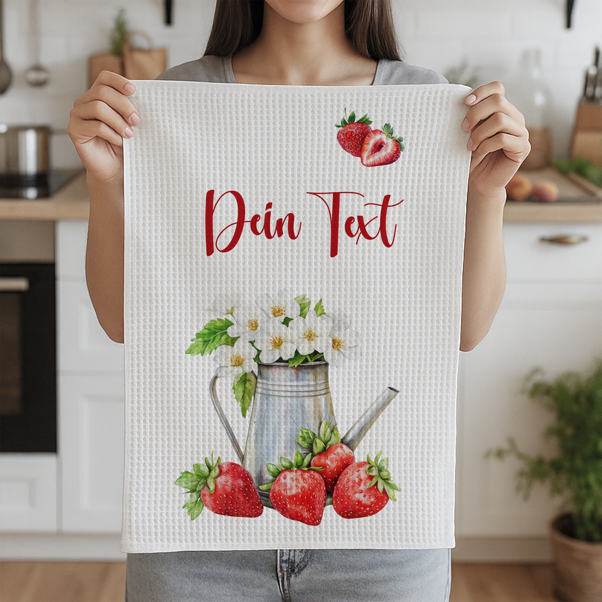Geschirrtuch mit Erdbeeren und Gießkanne