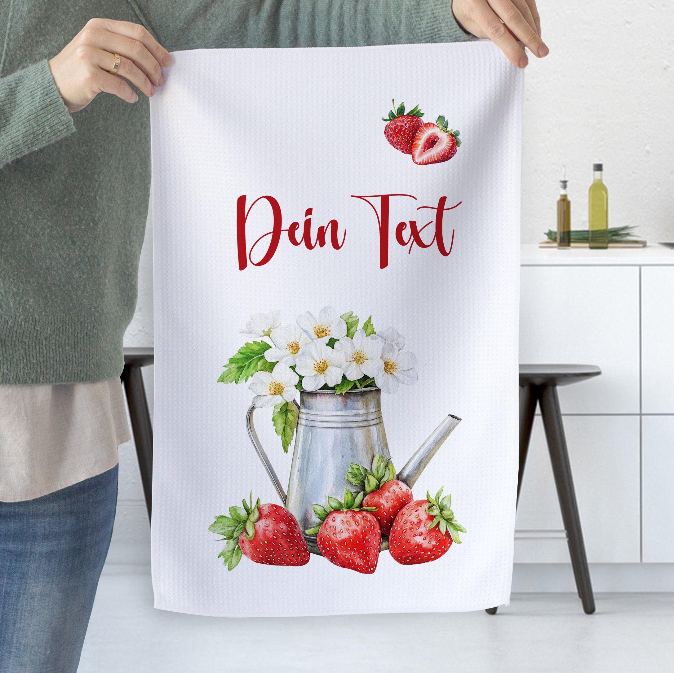 Geschirrtuch mit Erdbeeren und Gießkanne