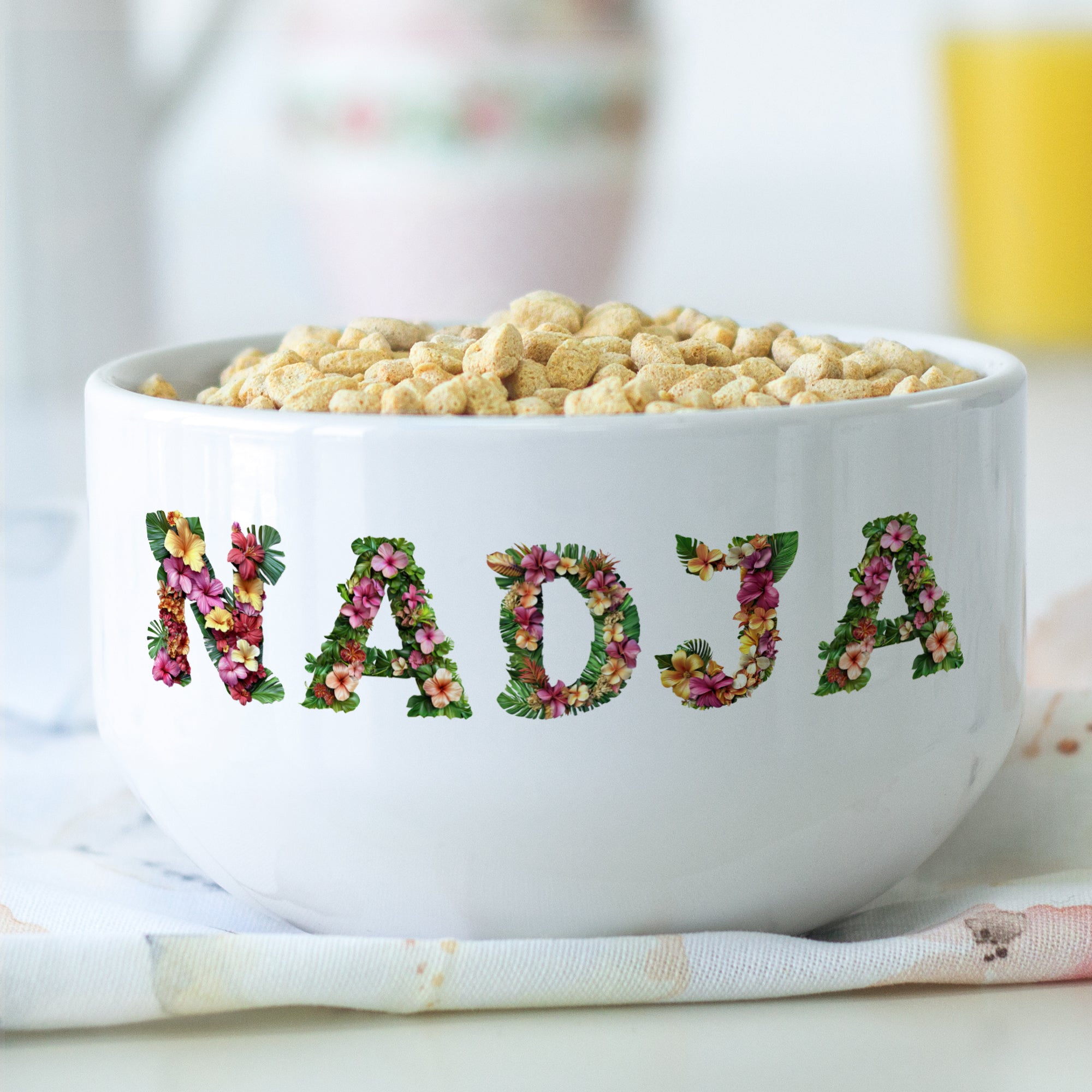 Müslischale mit Blumen Schrift