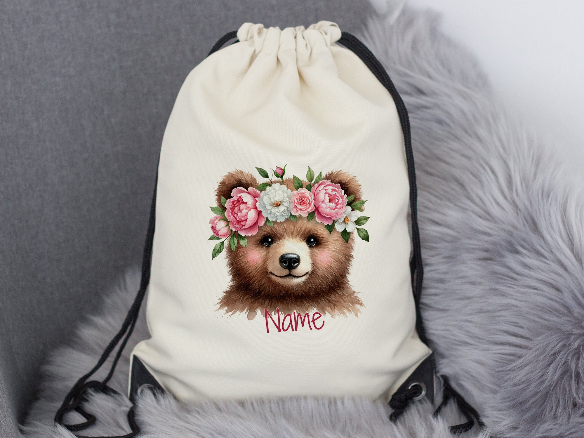 Turnbeutel Bär mit Blumenkranz