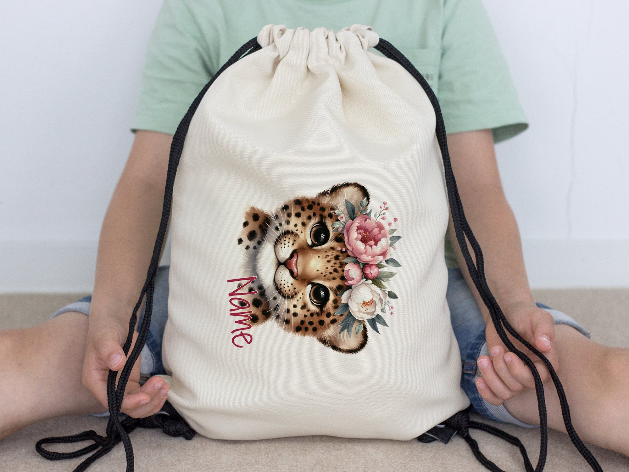 Turnbeutel mit Leopardenmotiv