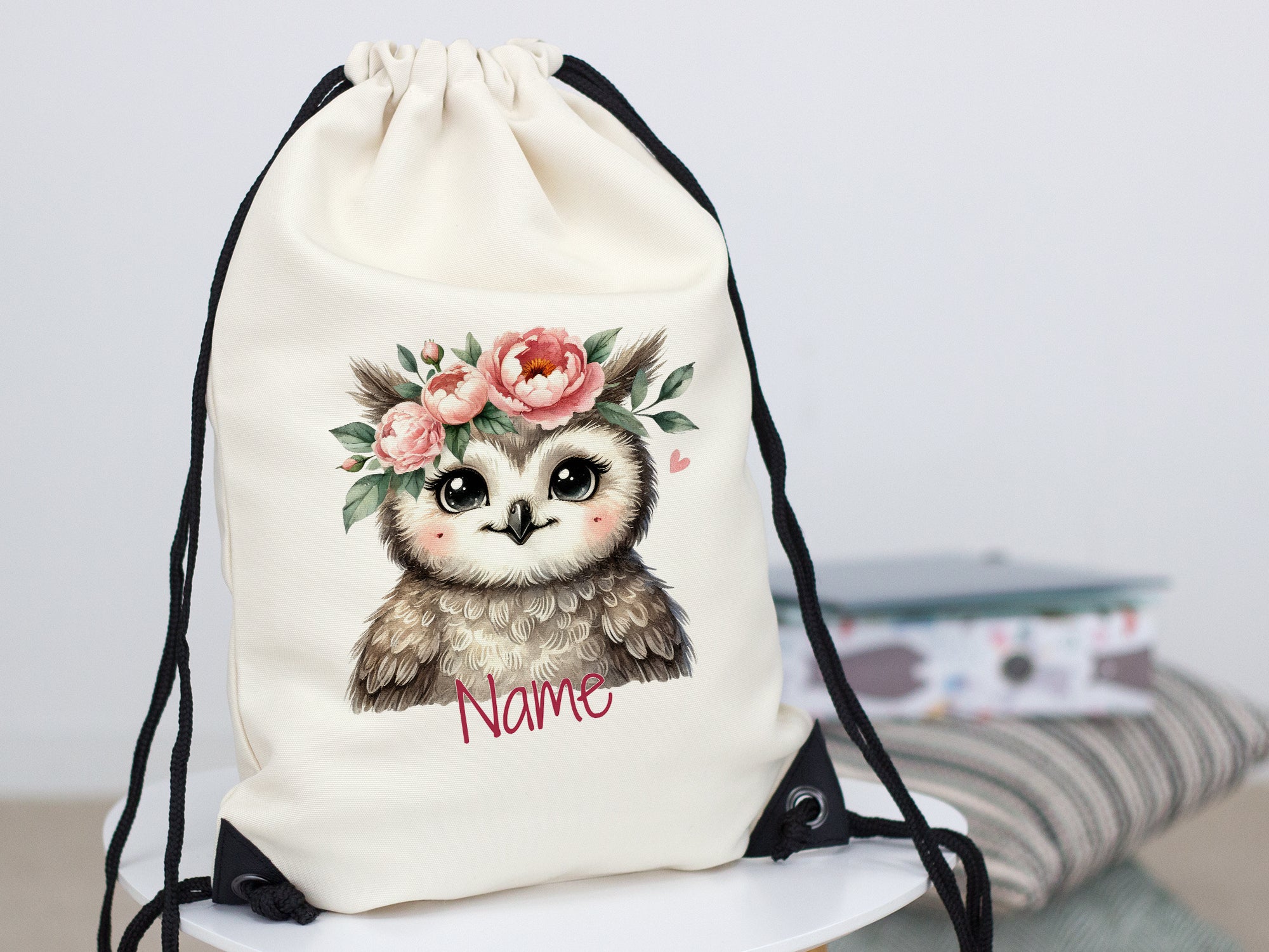 Turnbeutel Eule mit Blumenkranz