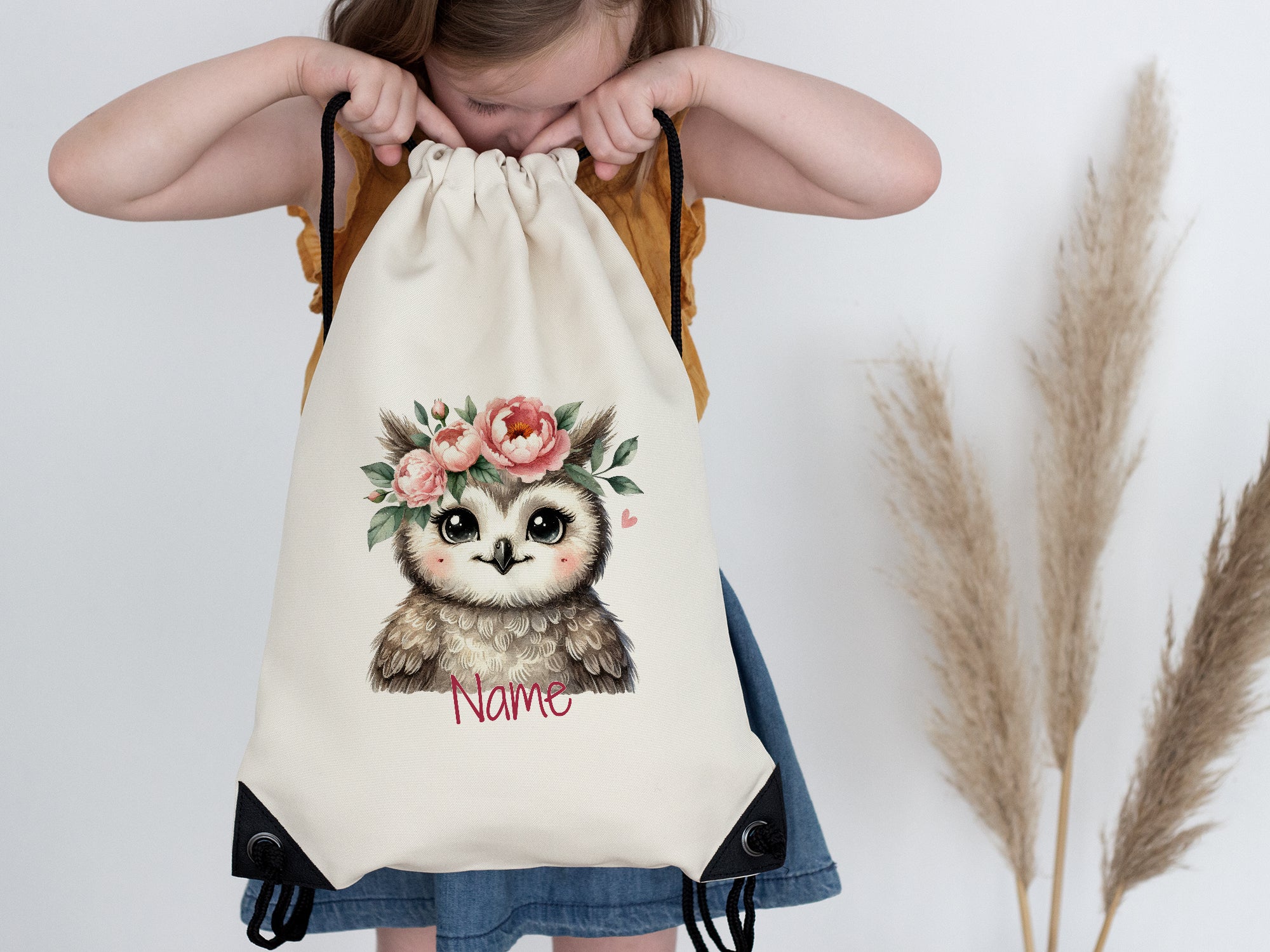 Turnbeutel Eule mit Blumenkranz