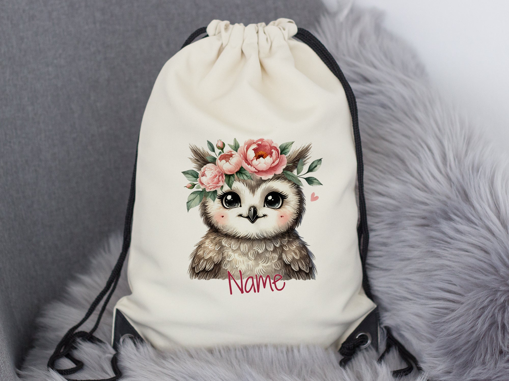 Turnbeutel Eule mit Blumenkranz