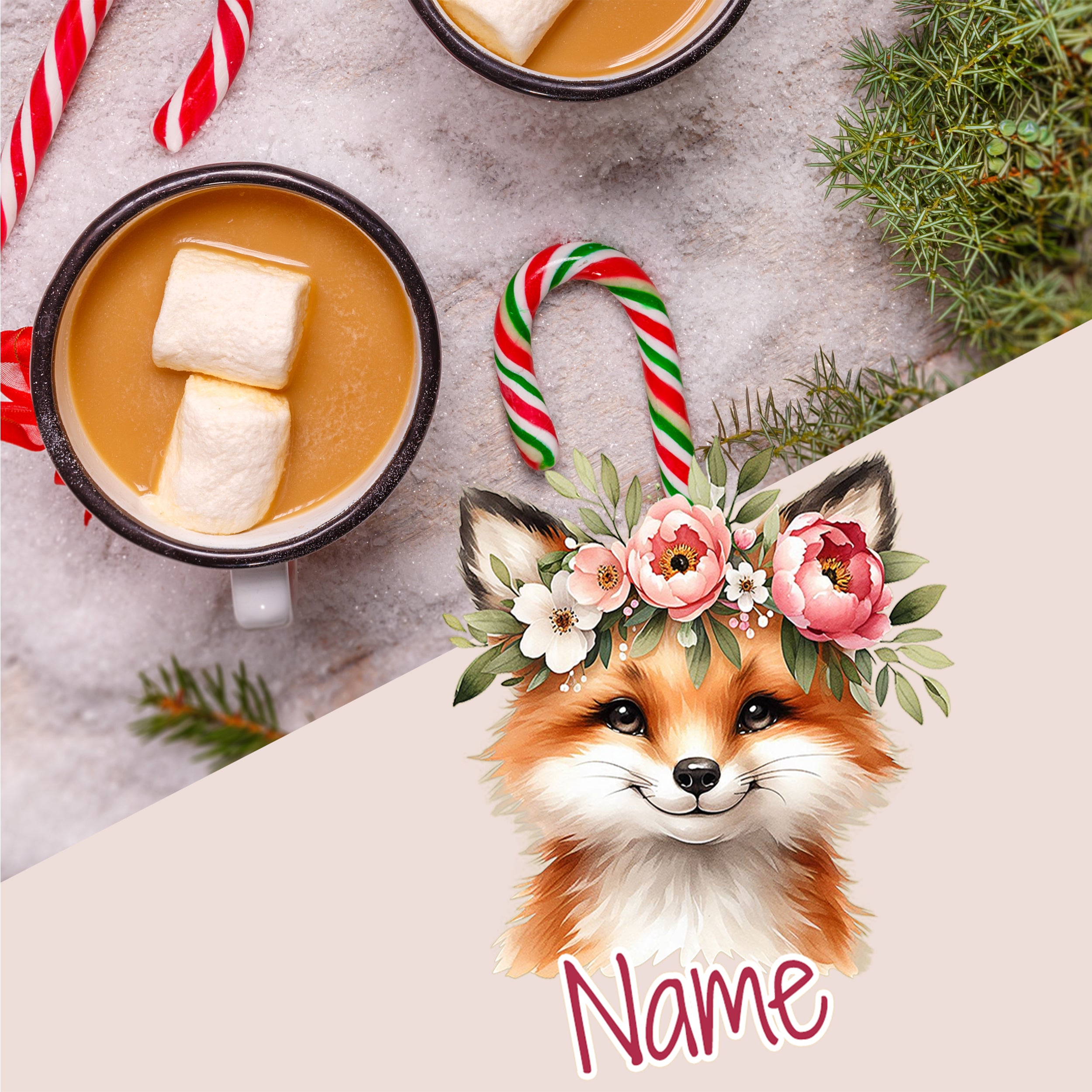 Emaille Becher Fuchs mit Blumenkranz