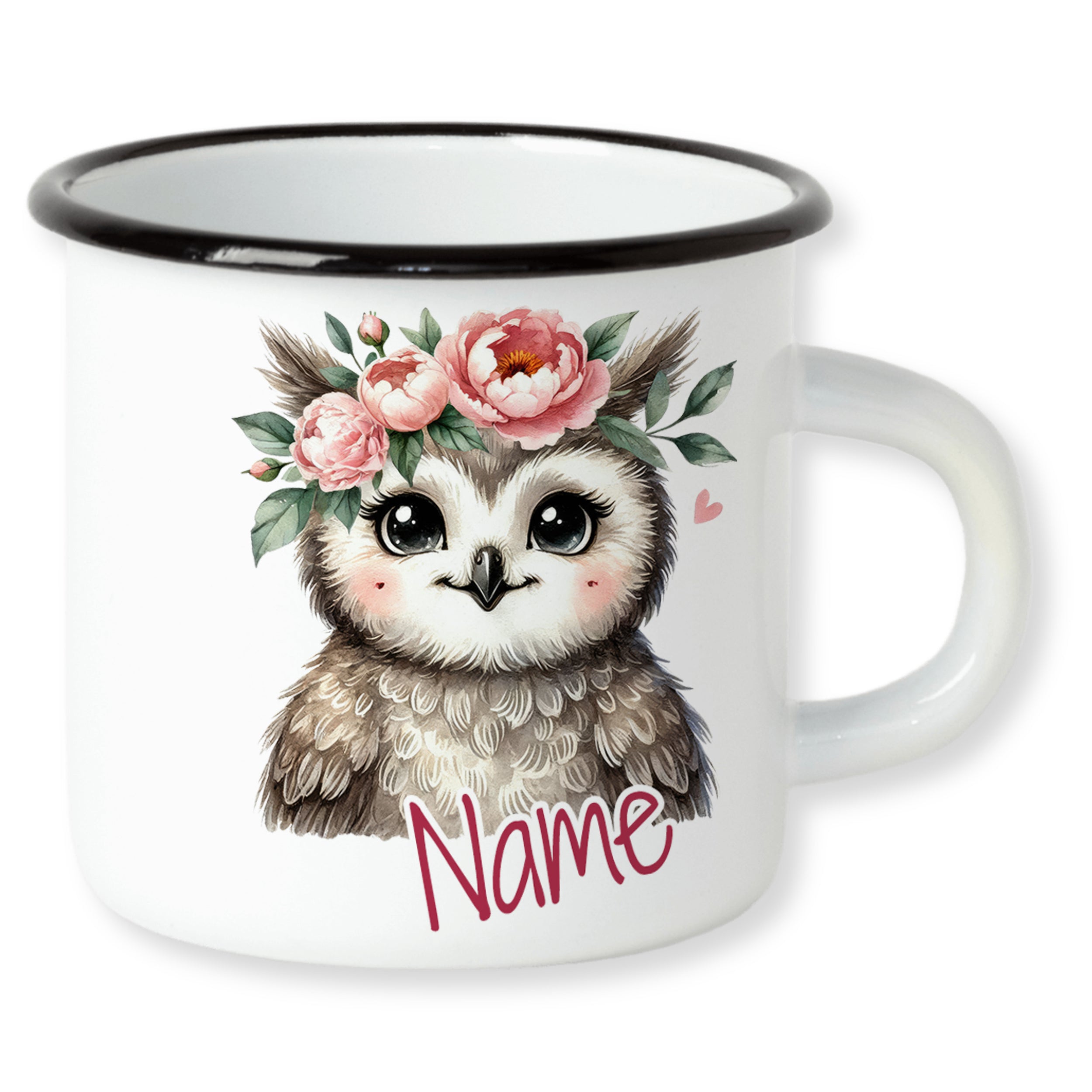 Emaille Becher Eule mit Blumen