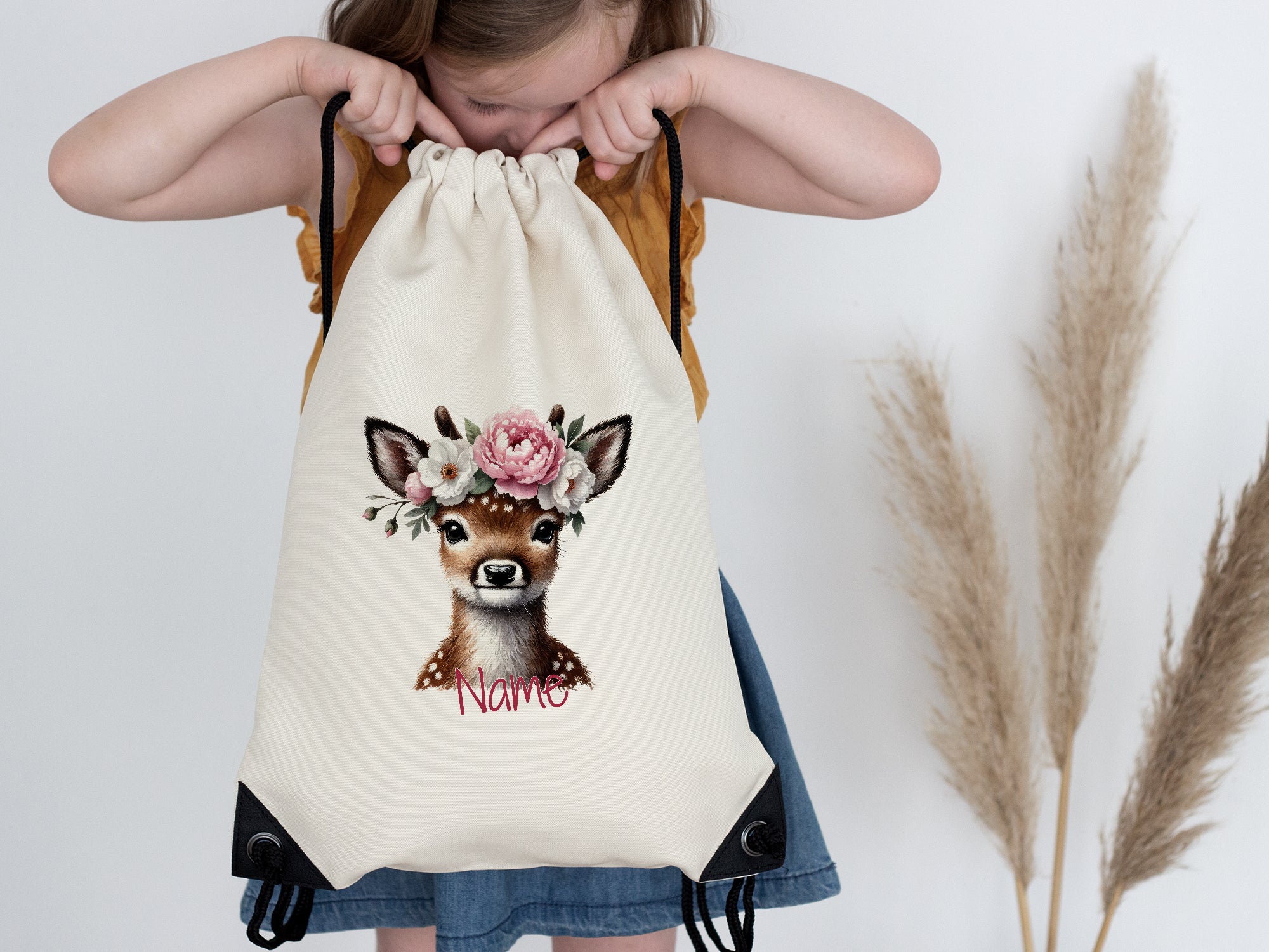 Turnbeutel Reh mit Blumenkranz