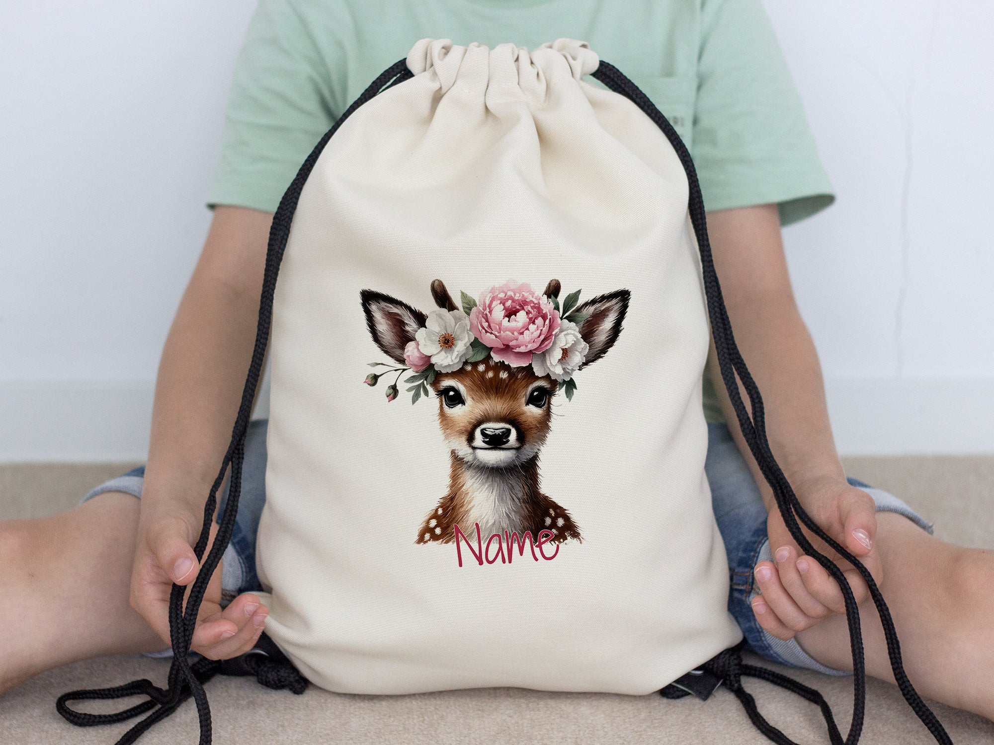 Turnbeutel Reh mit Blumenkranz