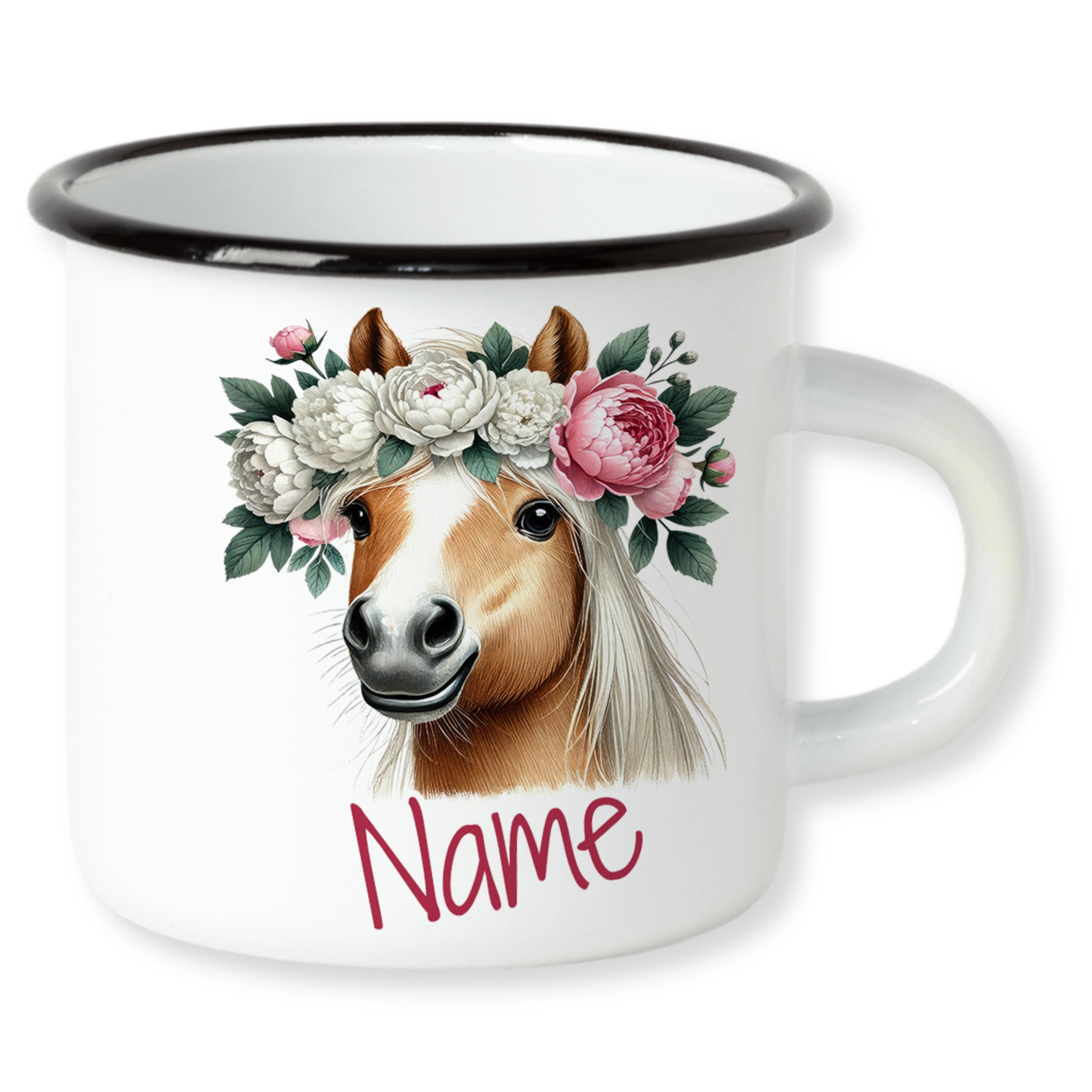 Emaille Becher Pferd mit Blumenkranz