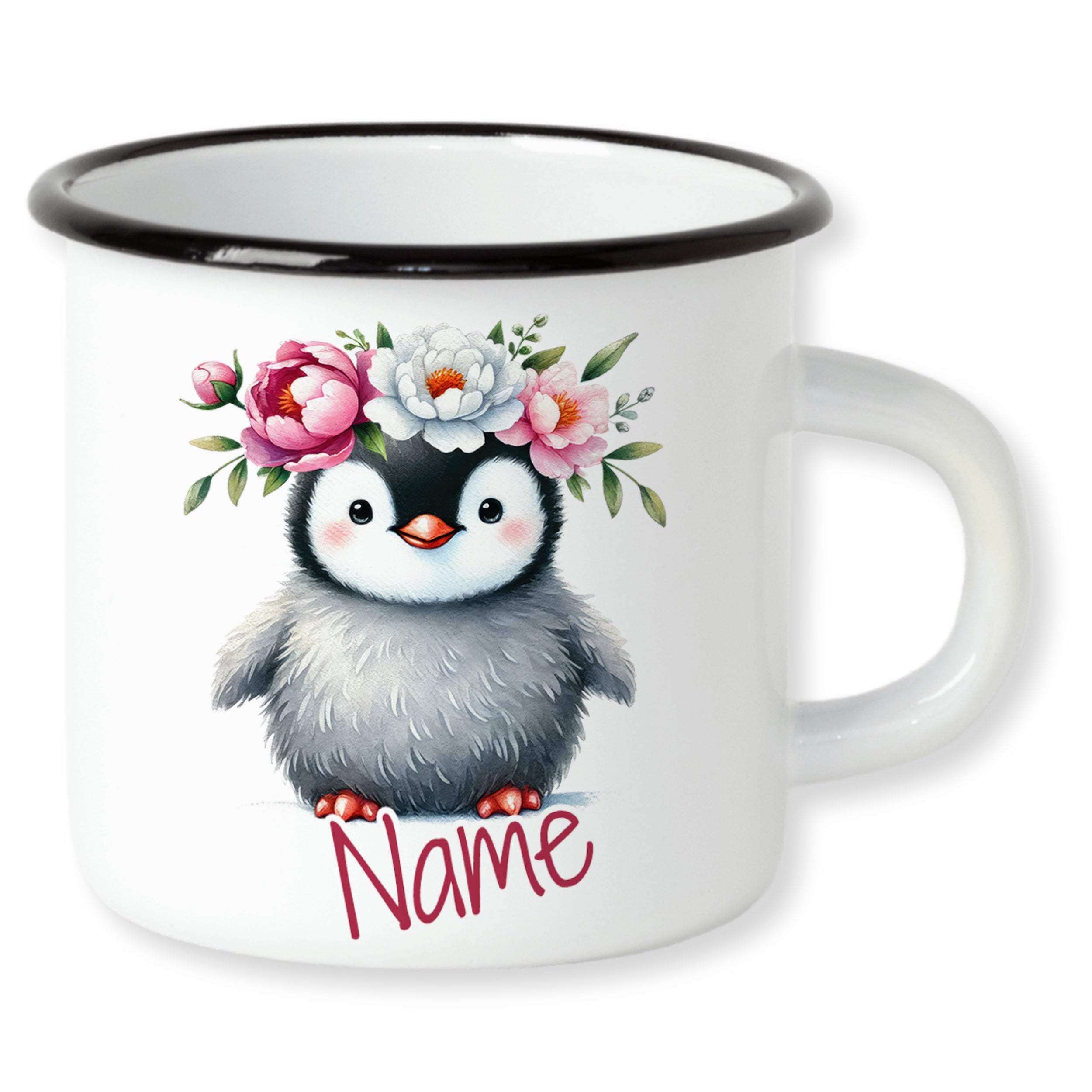 Emaille Becher Pinguin mit Blumen