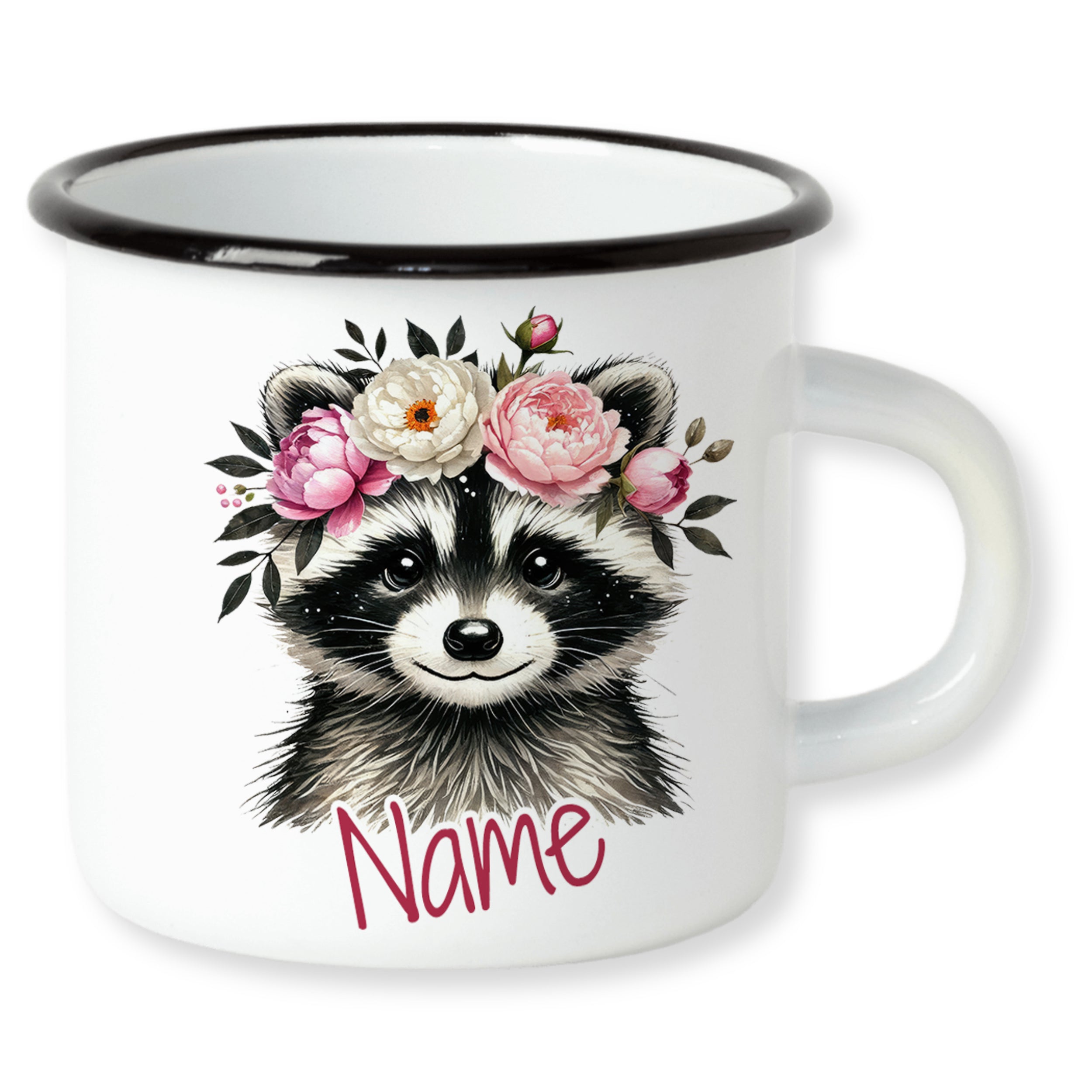 Emaille Becher Waschbär mit Blumen