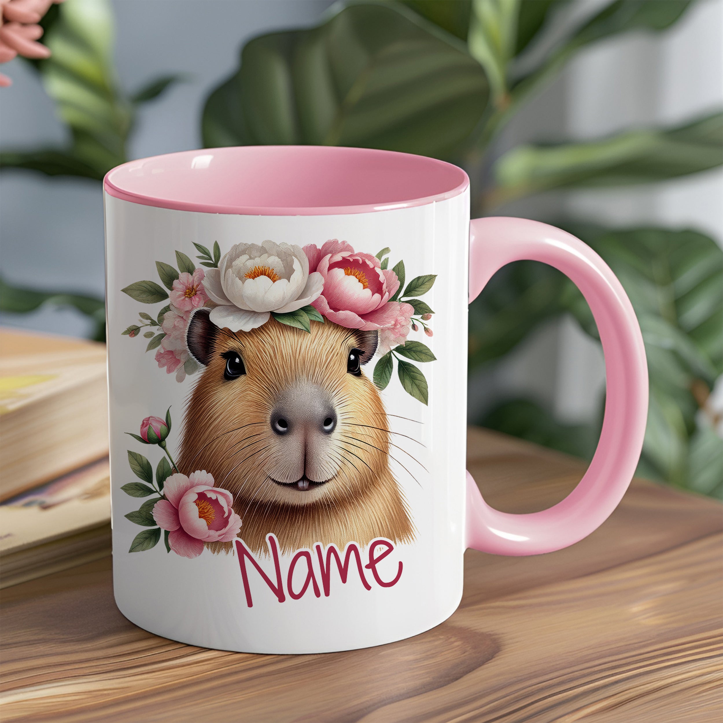 Personalisierte Tasse Capybara mit Blumen