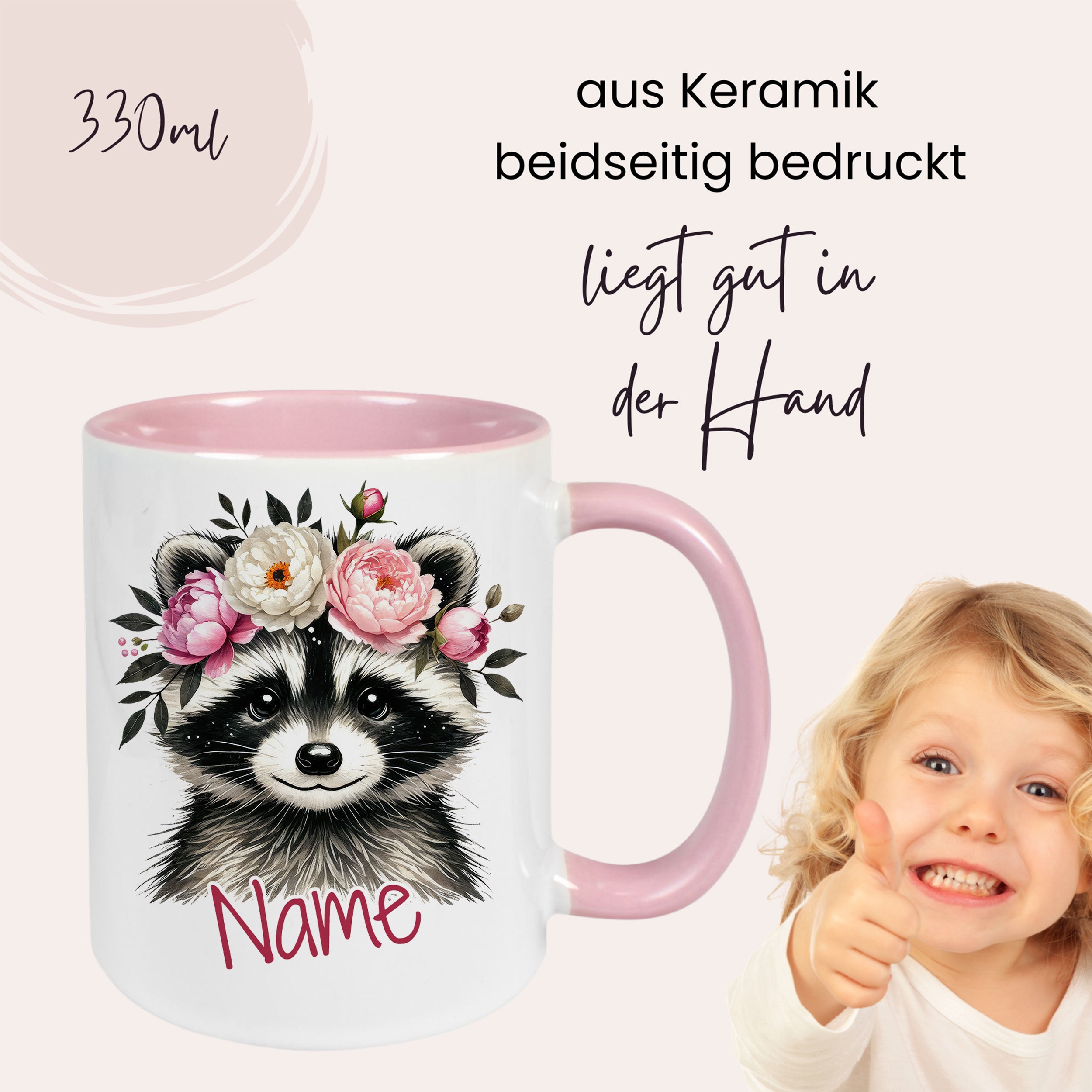Tasse mit Waschbär und Blumen