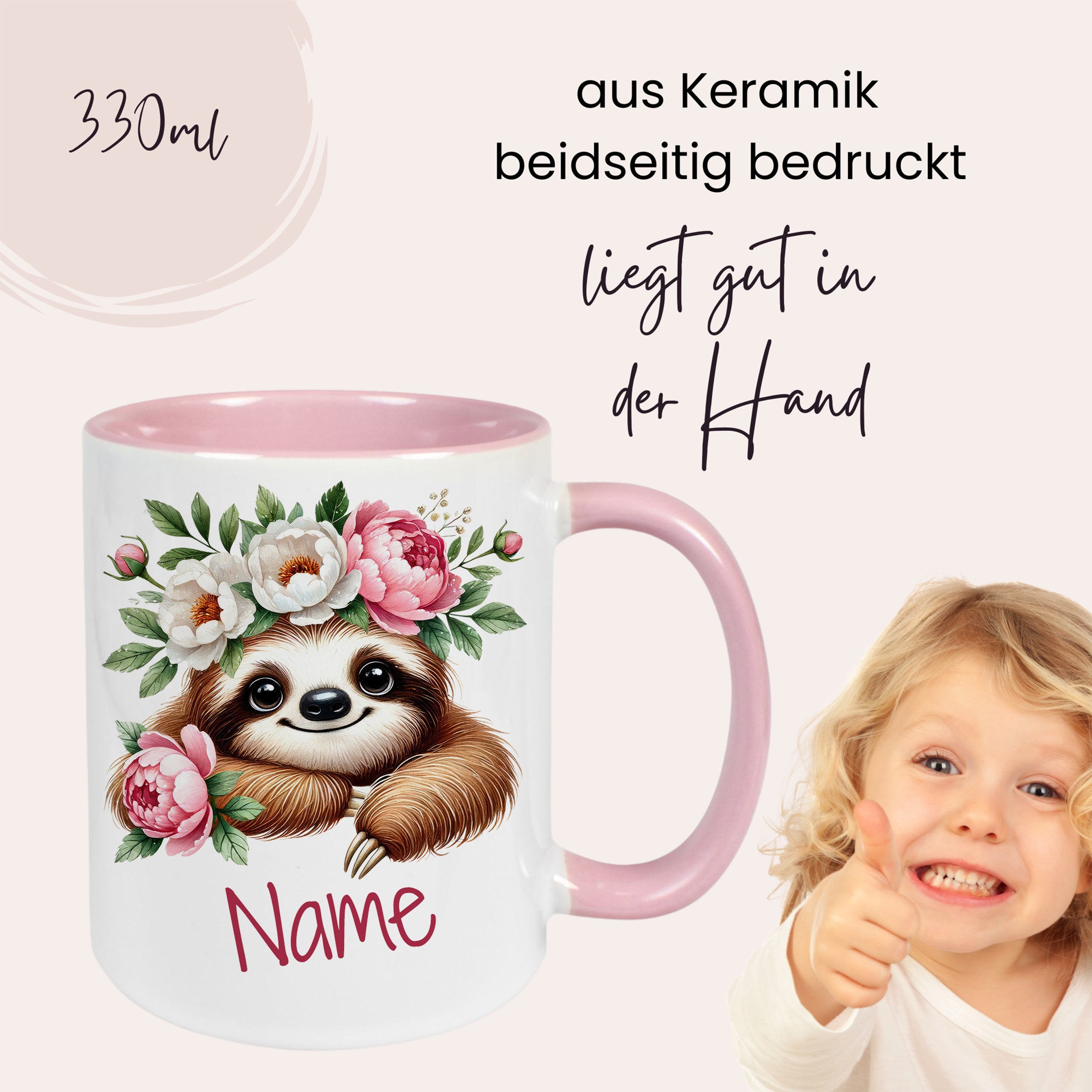 Tasse mit Faultier und Blumen