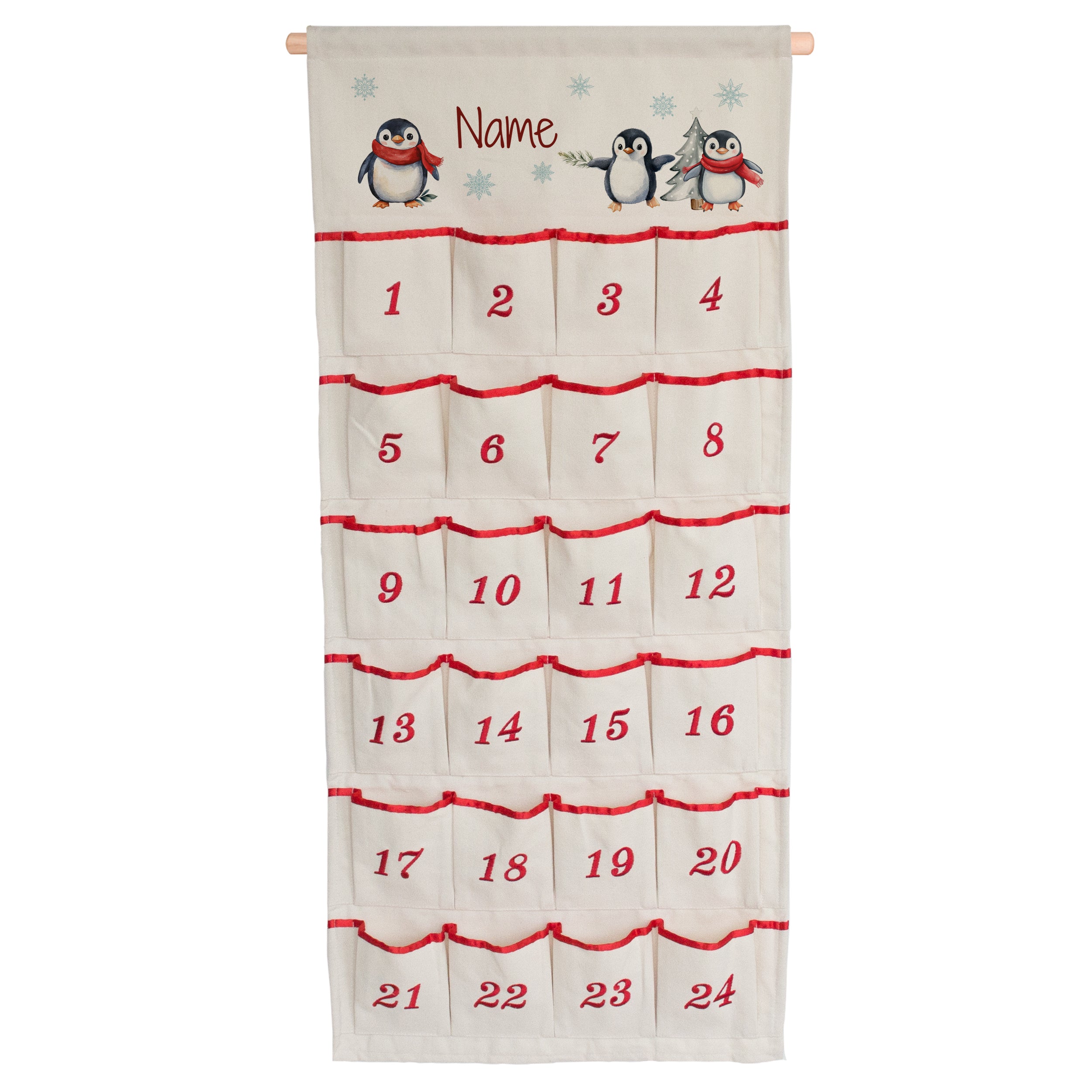 Adventskalender aus Stoff mit Wunschname, drei Pinguinen, Schneeflocken und 24 nummerierten Taschen