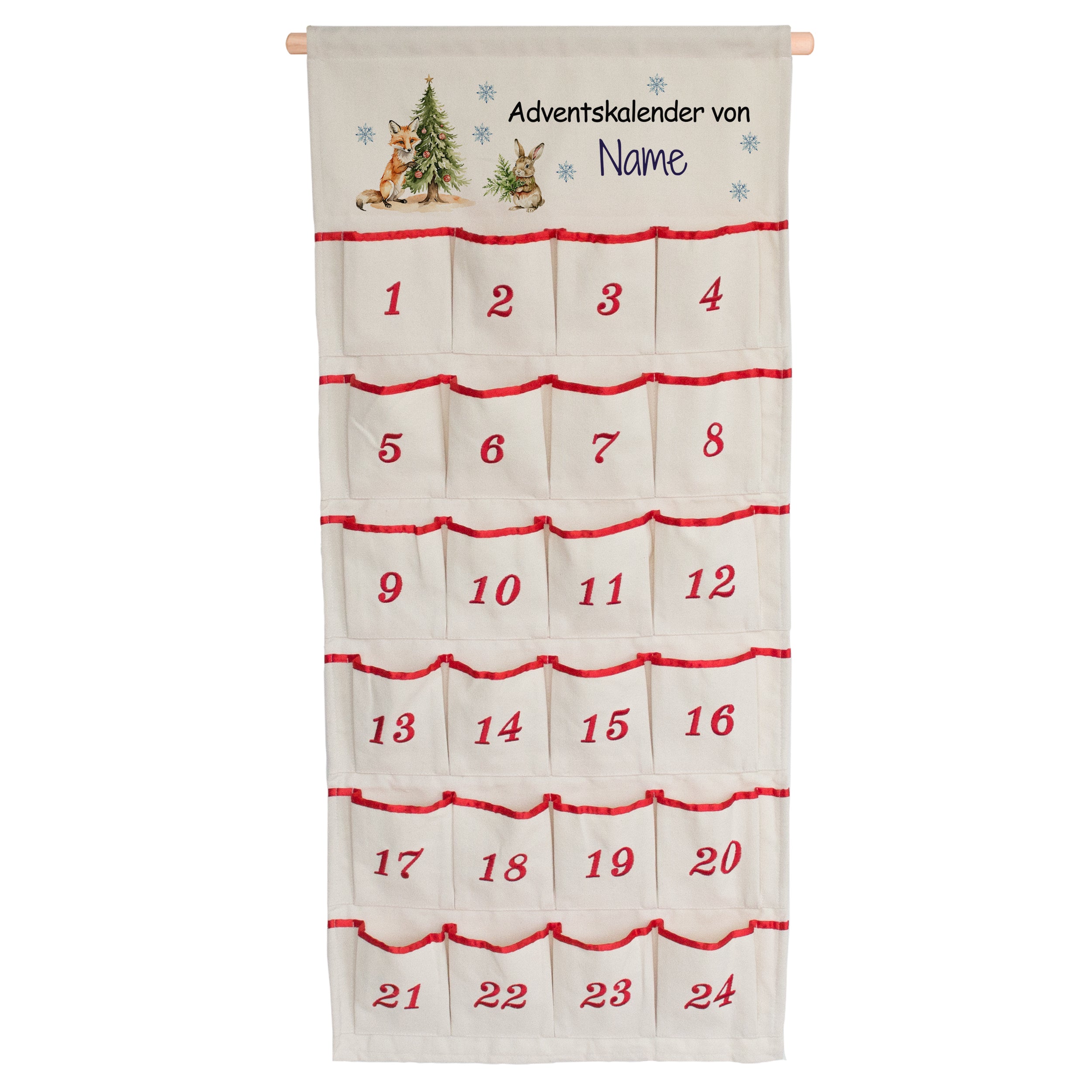 Adventskalender mit roten Zahlen und Weihnachtsmotiven.