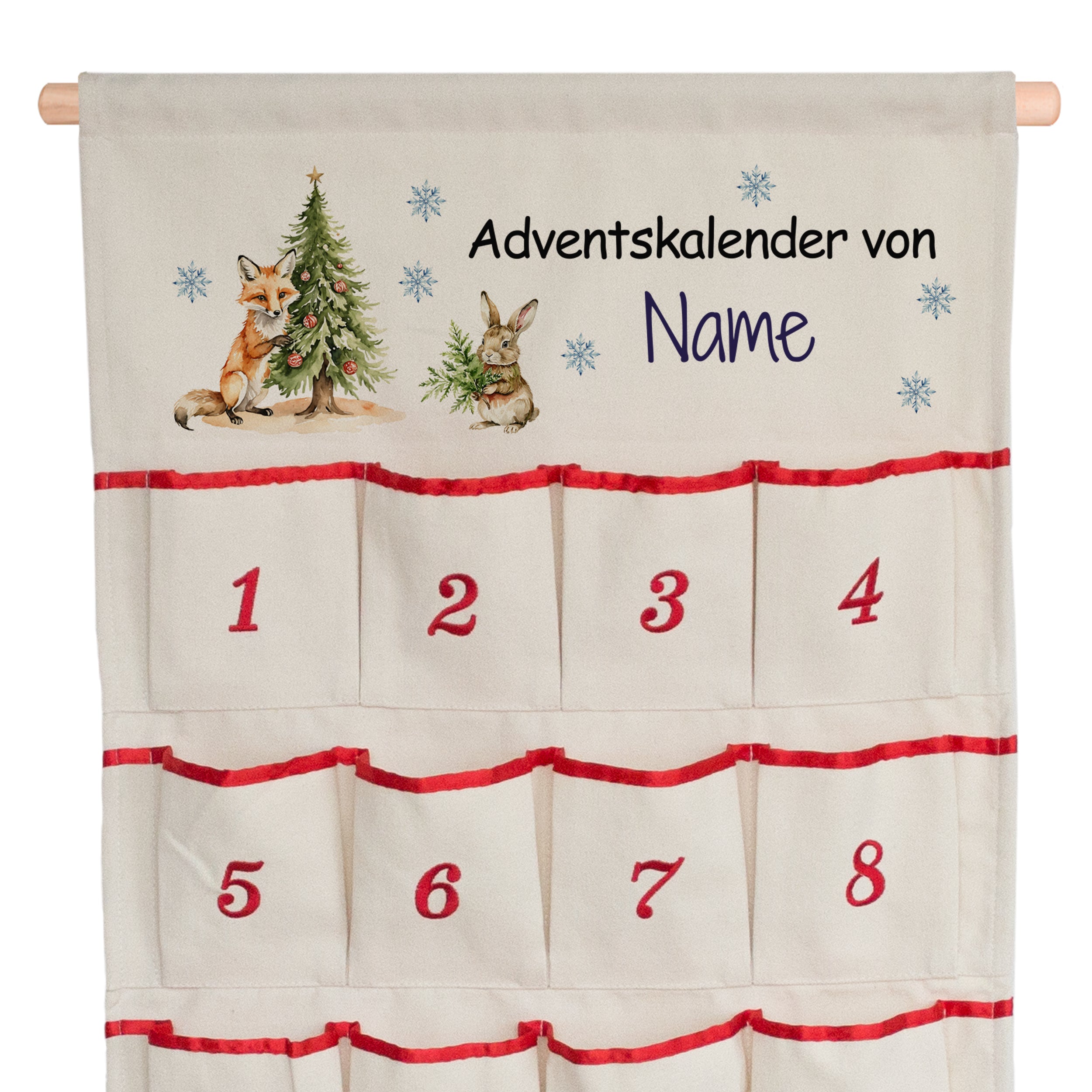 Personalisierbarer Adventskalender aus Stoff mit Wunschname, Fuchs, Hase und roten Zahlentaschen