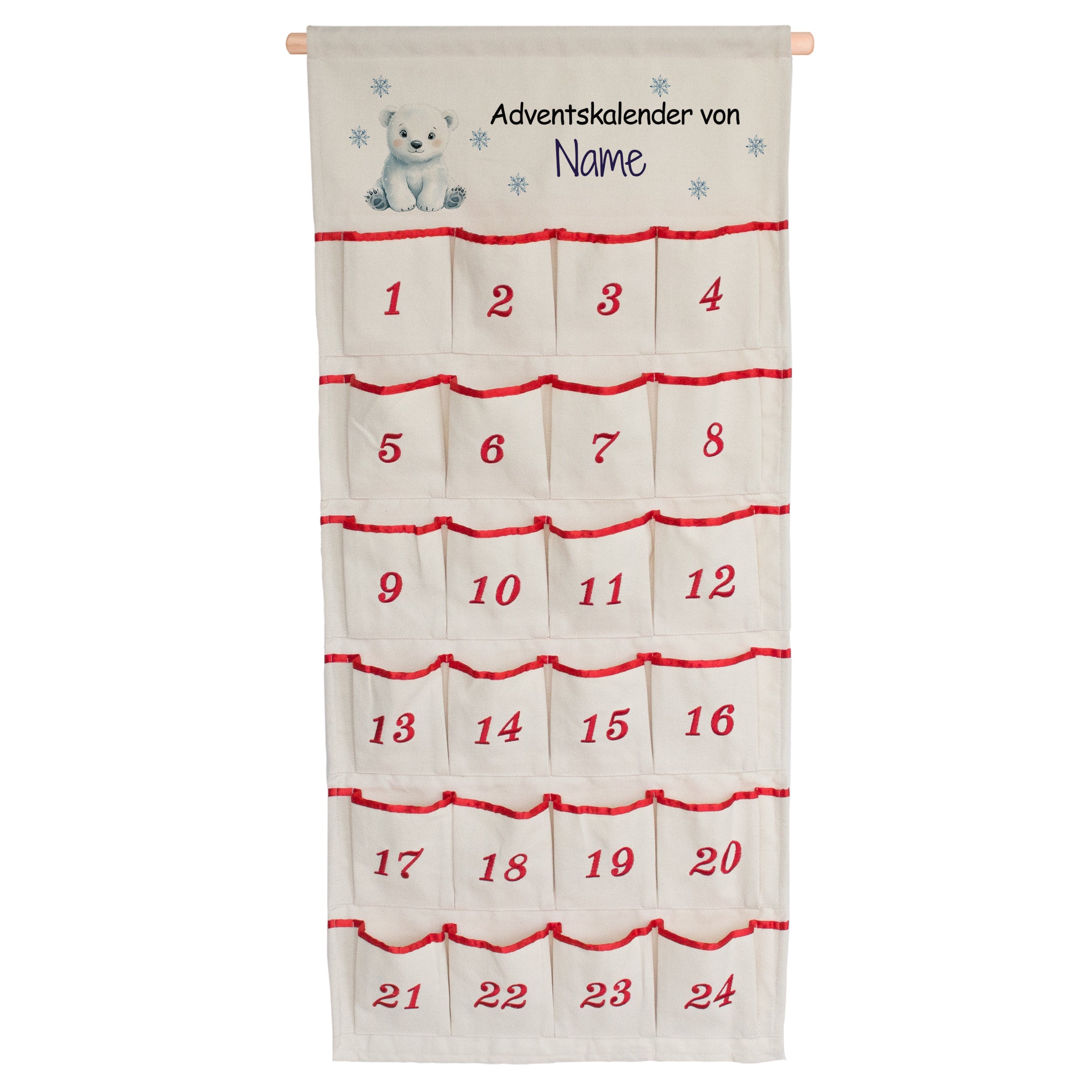 Adventskalender aus Stoff mit Wunschname, Eisbär, Schneeflocken und 24 nummerierten Taschen