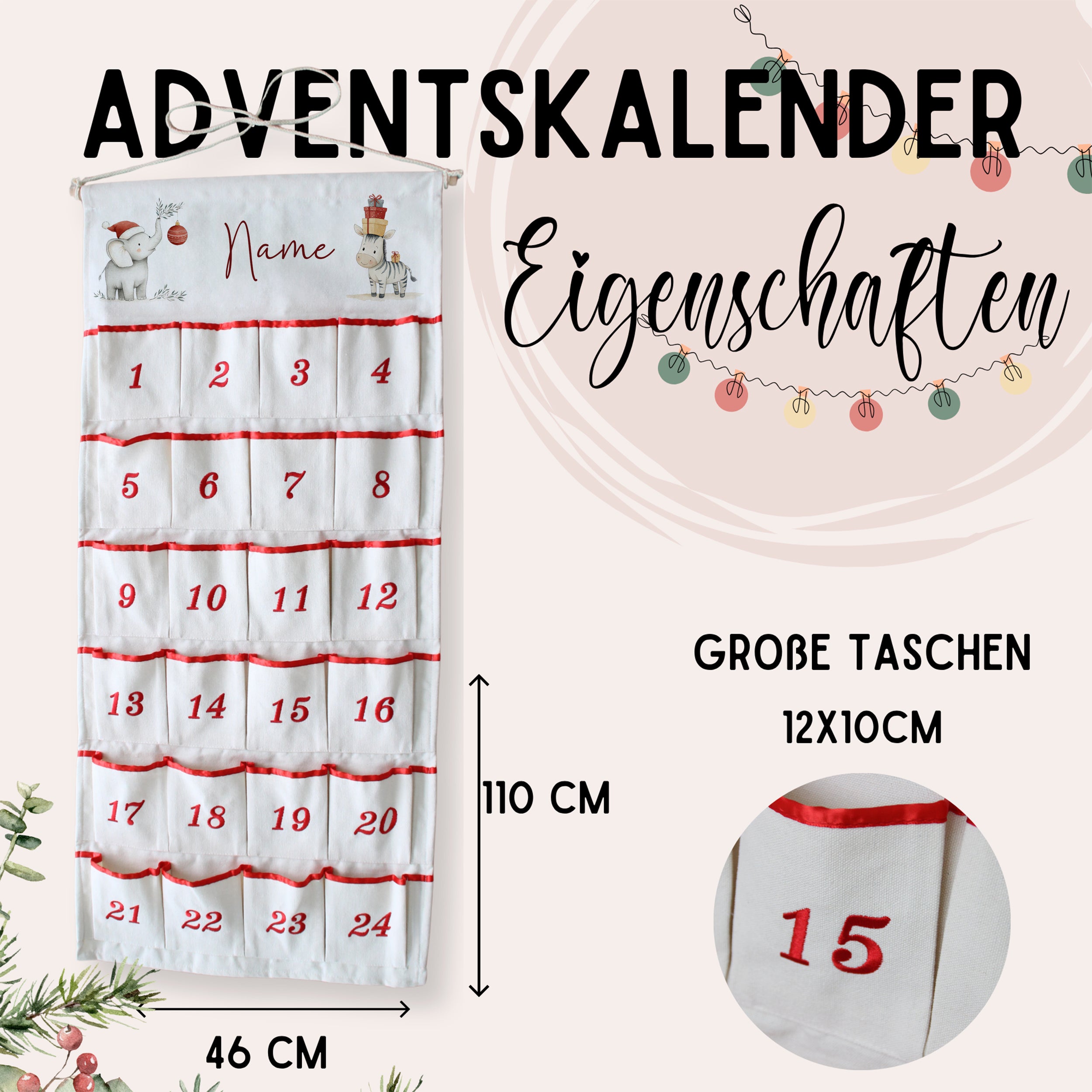 Adventskalender in Weiß mit roten Taschen und Zahlen.